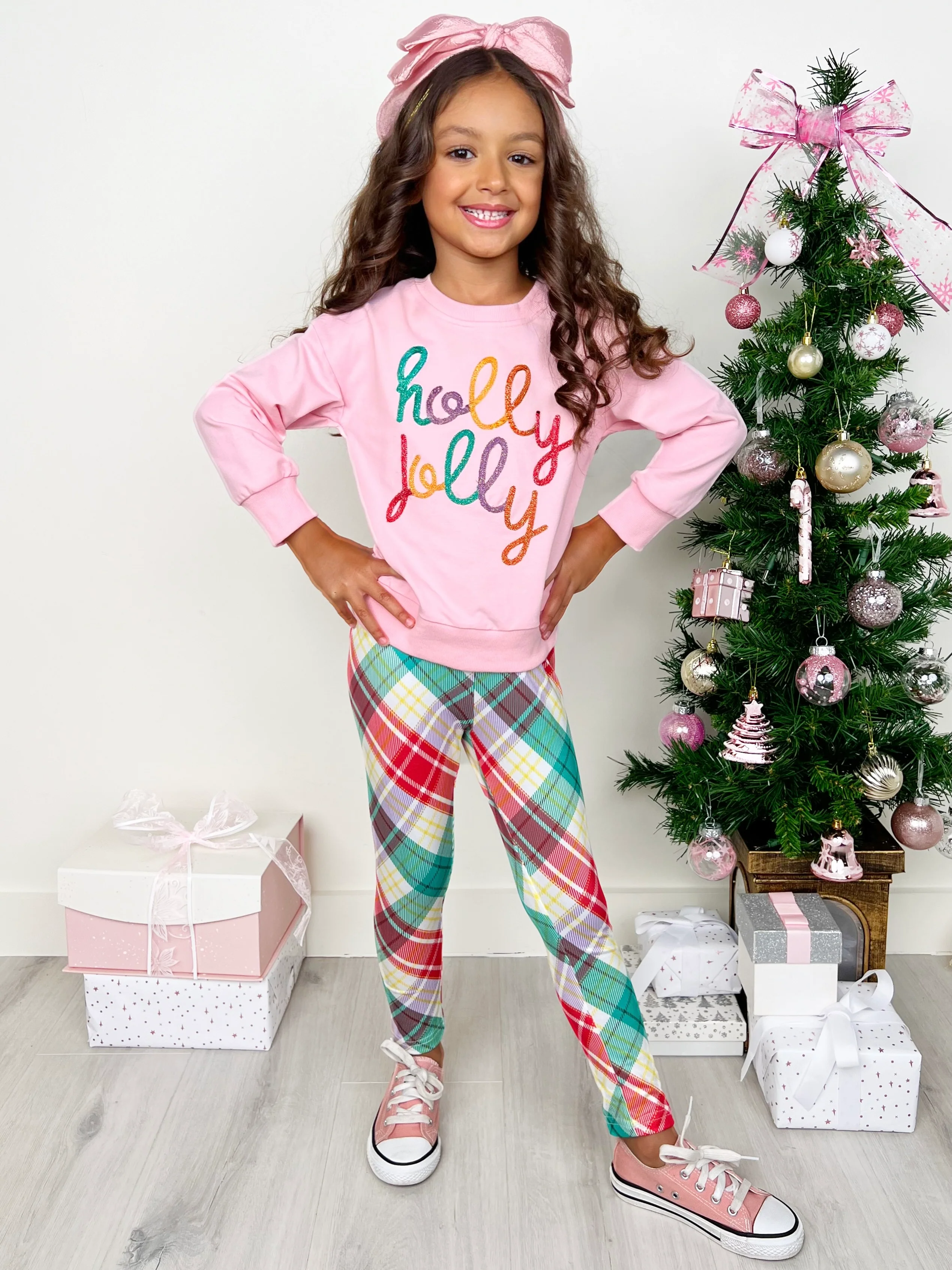Holly Jolly Pink Sweatershirt and Christmas Plaid Legging Set - Image 2