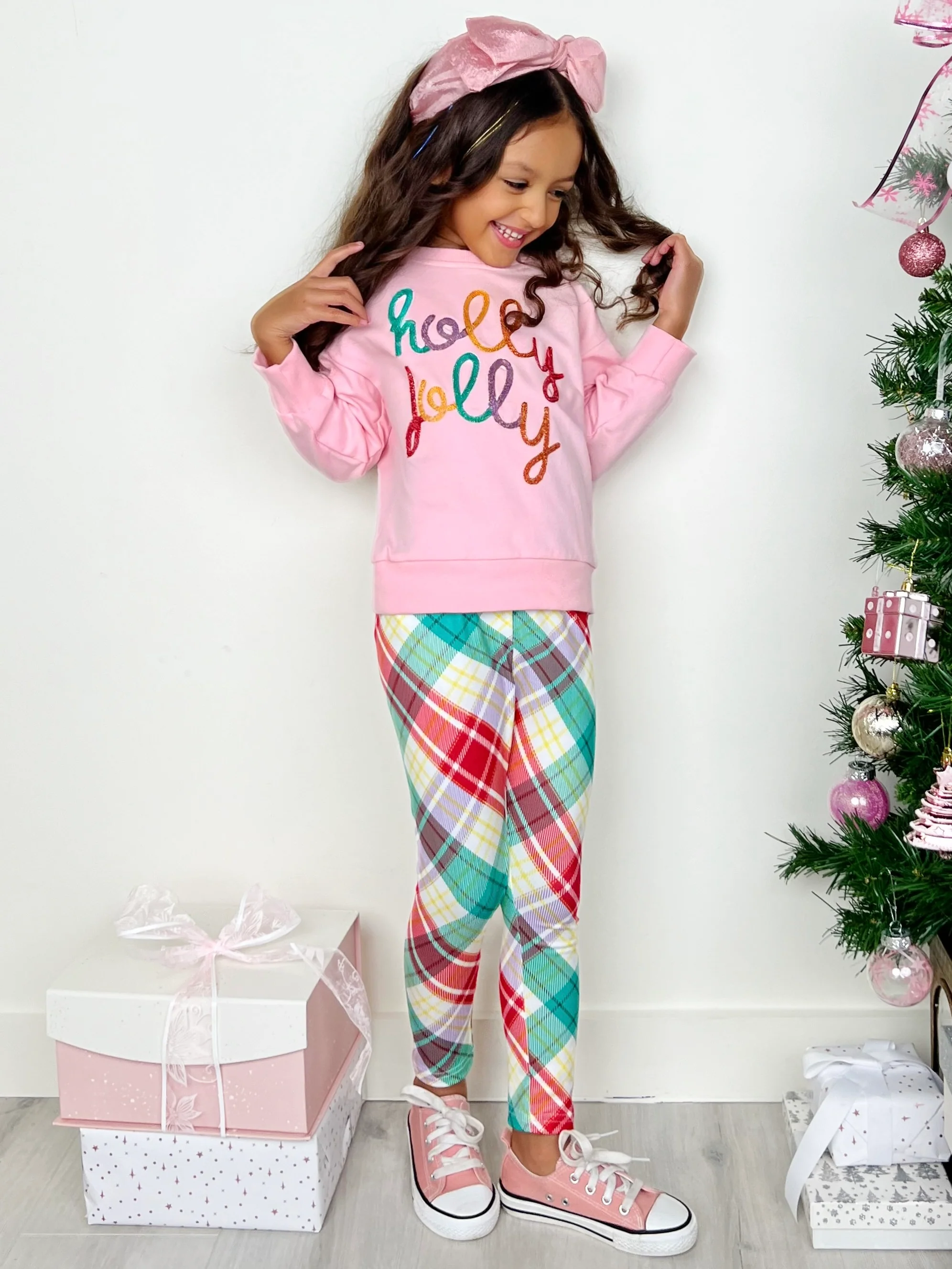 Holly Jolly Pink Sweatershirt and Christmas Plaid Legging Set - Image 3