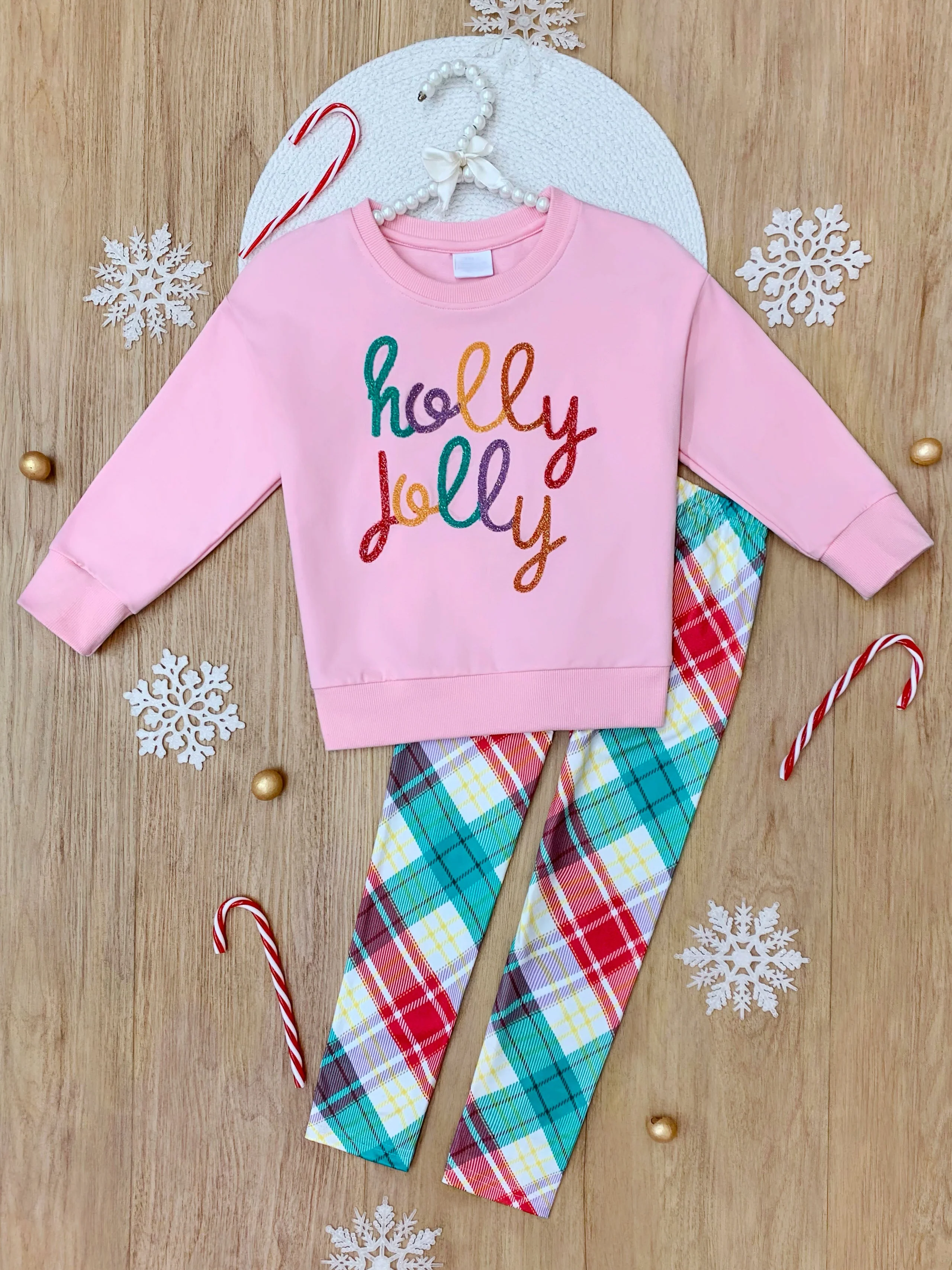 Holly Jolly Pink Sweatershirt and Christmas Plaid Legging Set - Image 4