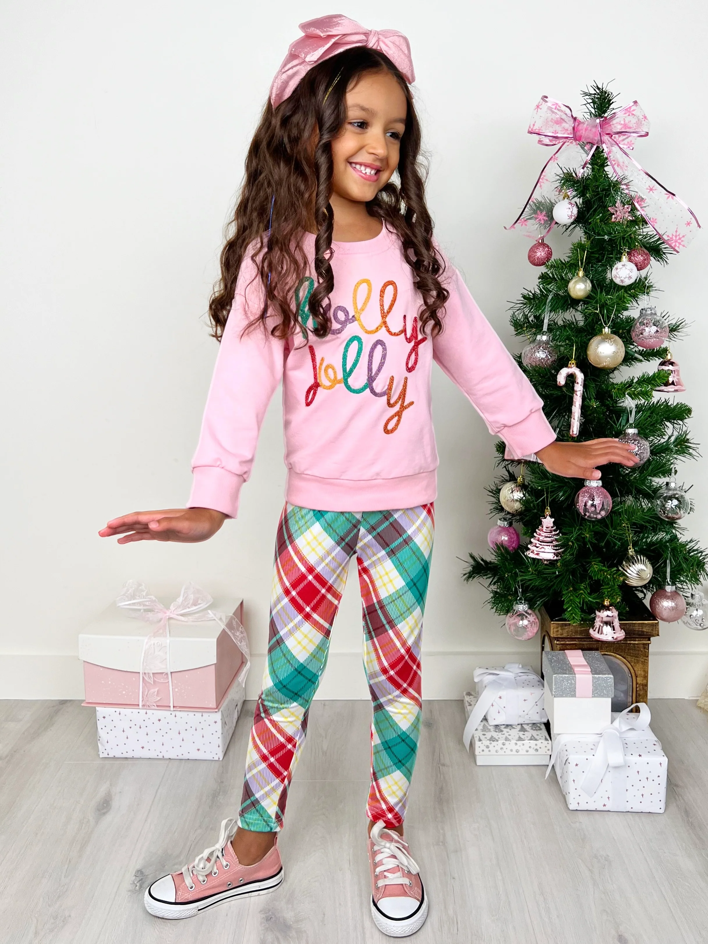 Holly Jolly Pink Sweatershirt and Christmas Plaid Legging Set - Image 5