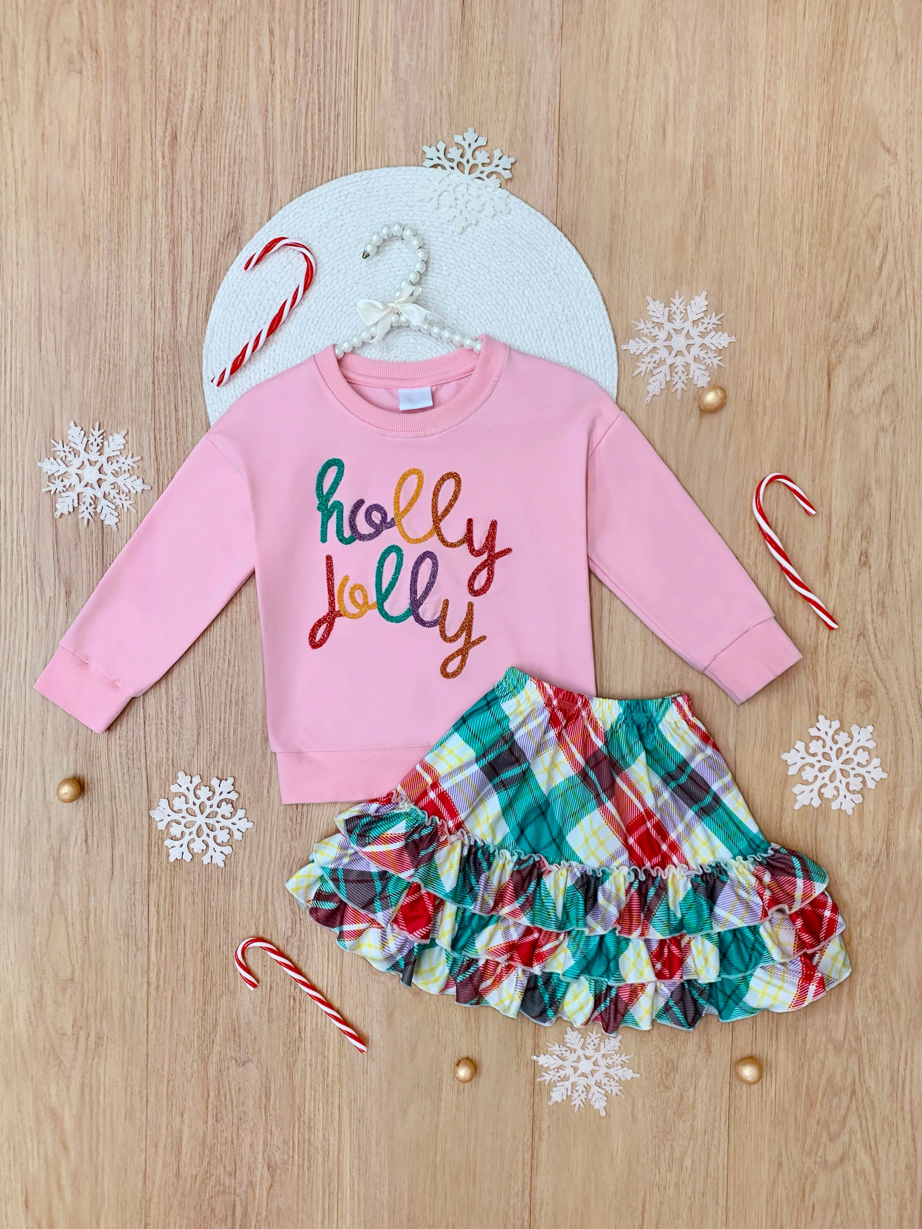 Holly Jolly Pink Top and Christmas Plaid Ruffle Skirt Set - Image 4