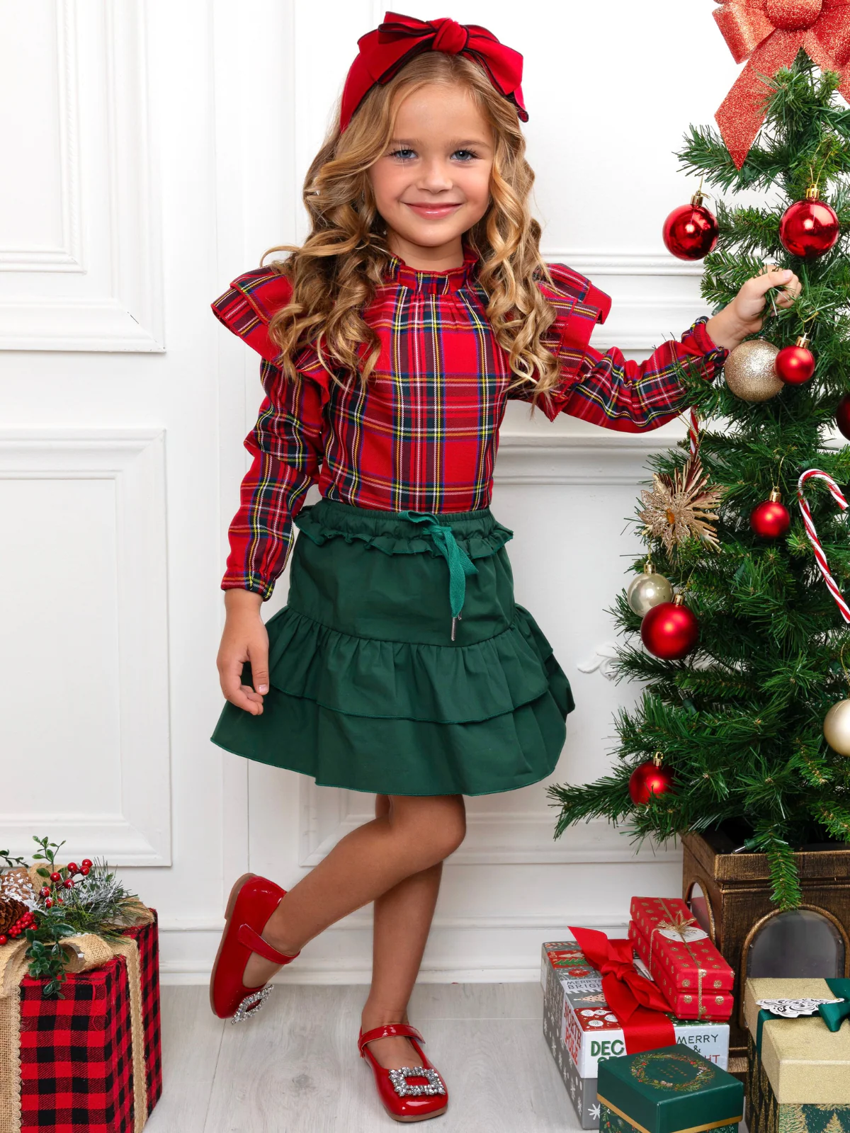 Holly Jolly Plaid Top and Ruffle Skirt Set - Image 2