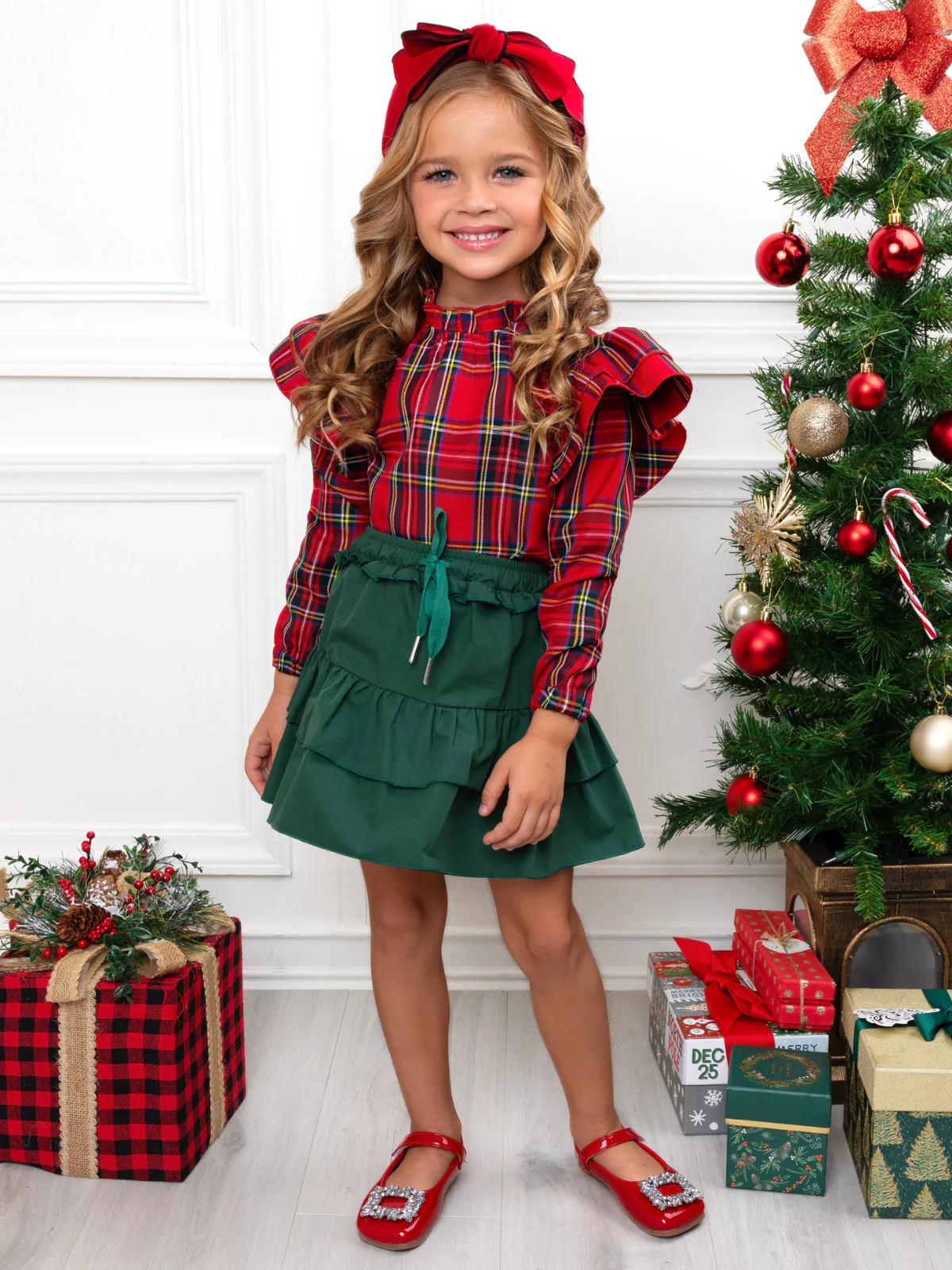 Holly Jolly Plaid Top and Ruffle Skirt Set - Image 5