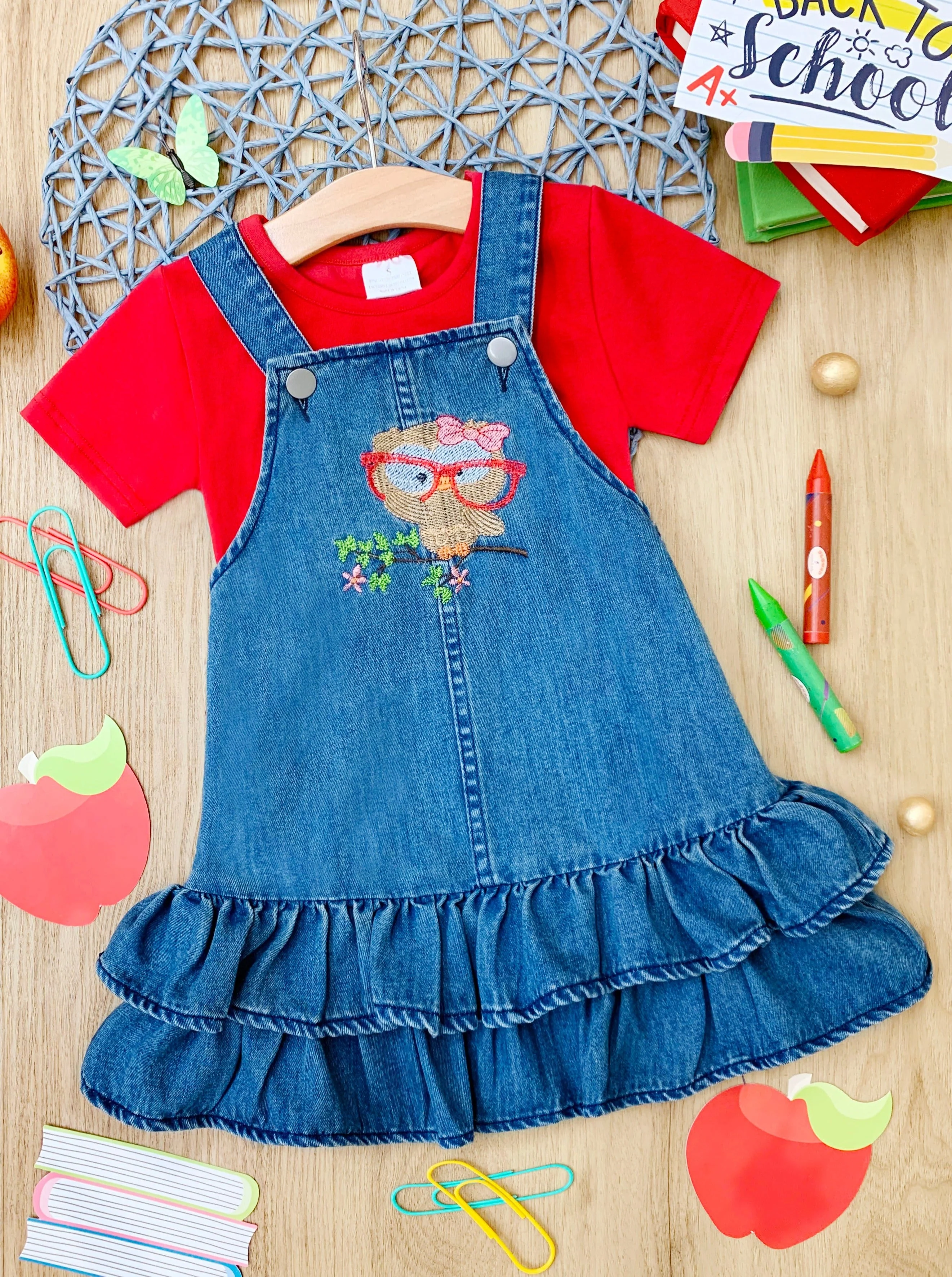 Owl Denim Overall Dress Set - Image 4