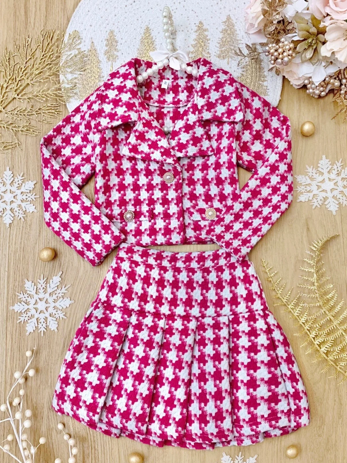 Pink Power Houndstooth Blazer And Pleated Skirt Set - Image 2