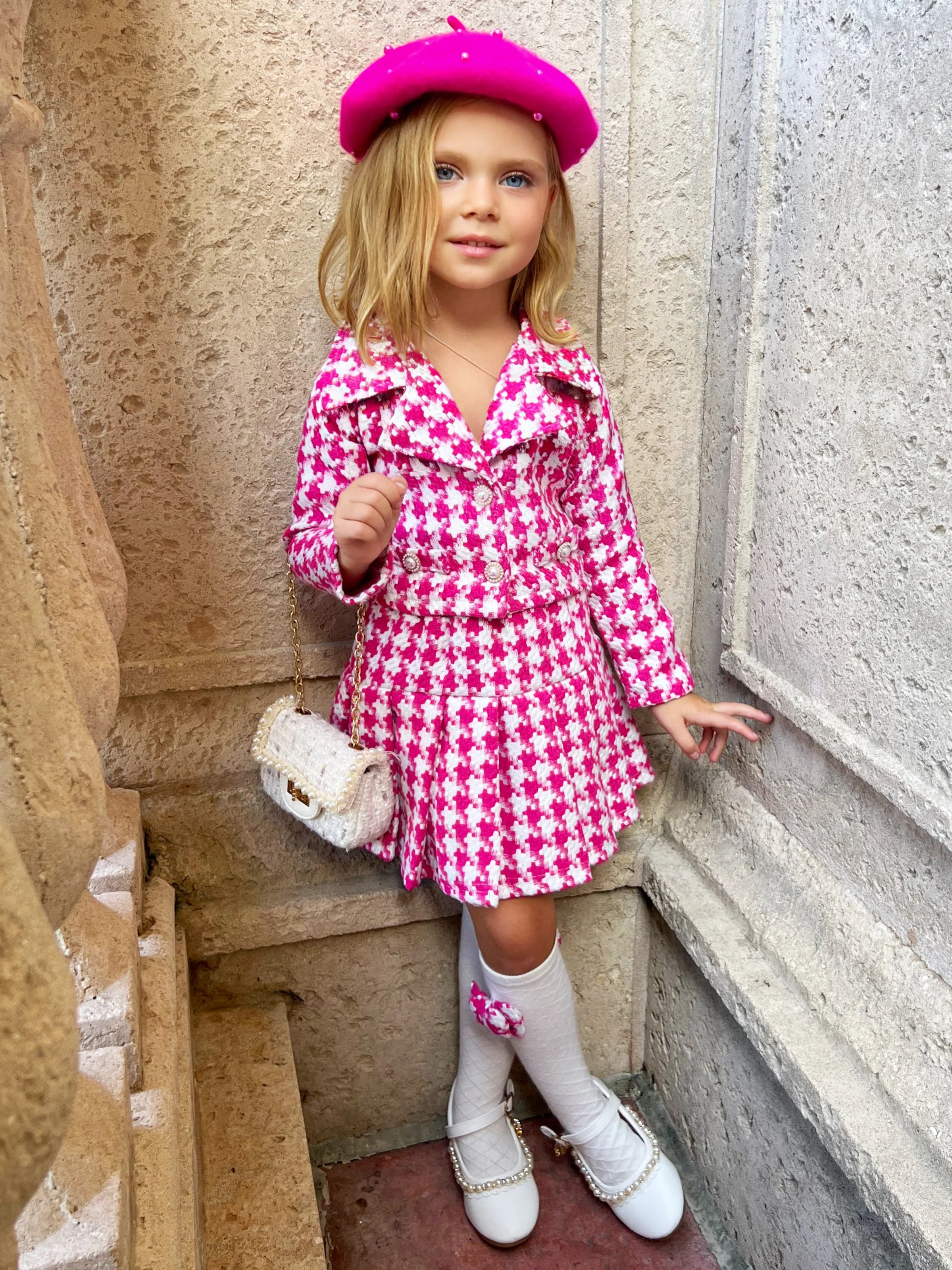 Pink Power Houndstooth Blazer And Pleated Skirt Set - Image 3
