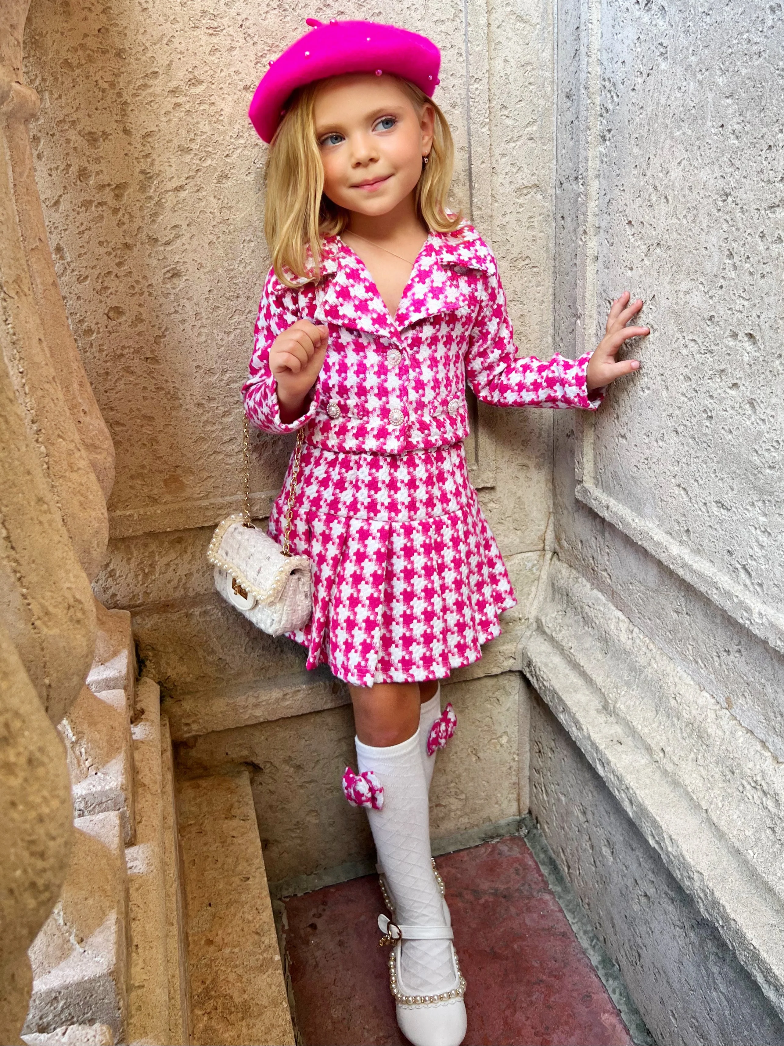 Pink Power Houndstooth Blazer And Pleated Skirt Set - Image 4