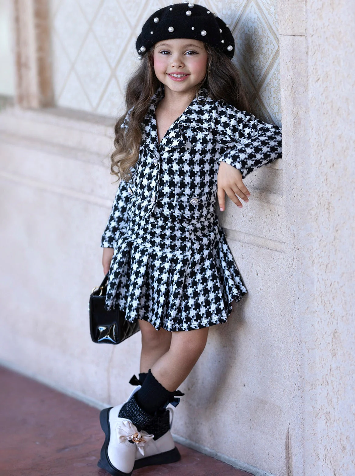 Pearl Houndstooth Luxe Blazer And Pleated Skirt Set - Image 2