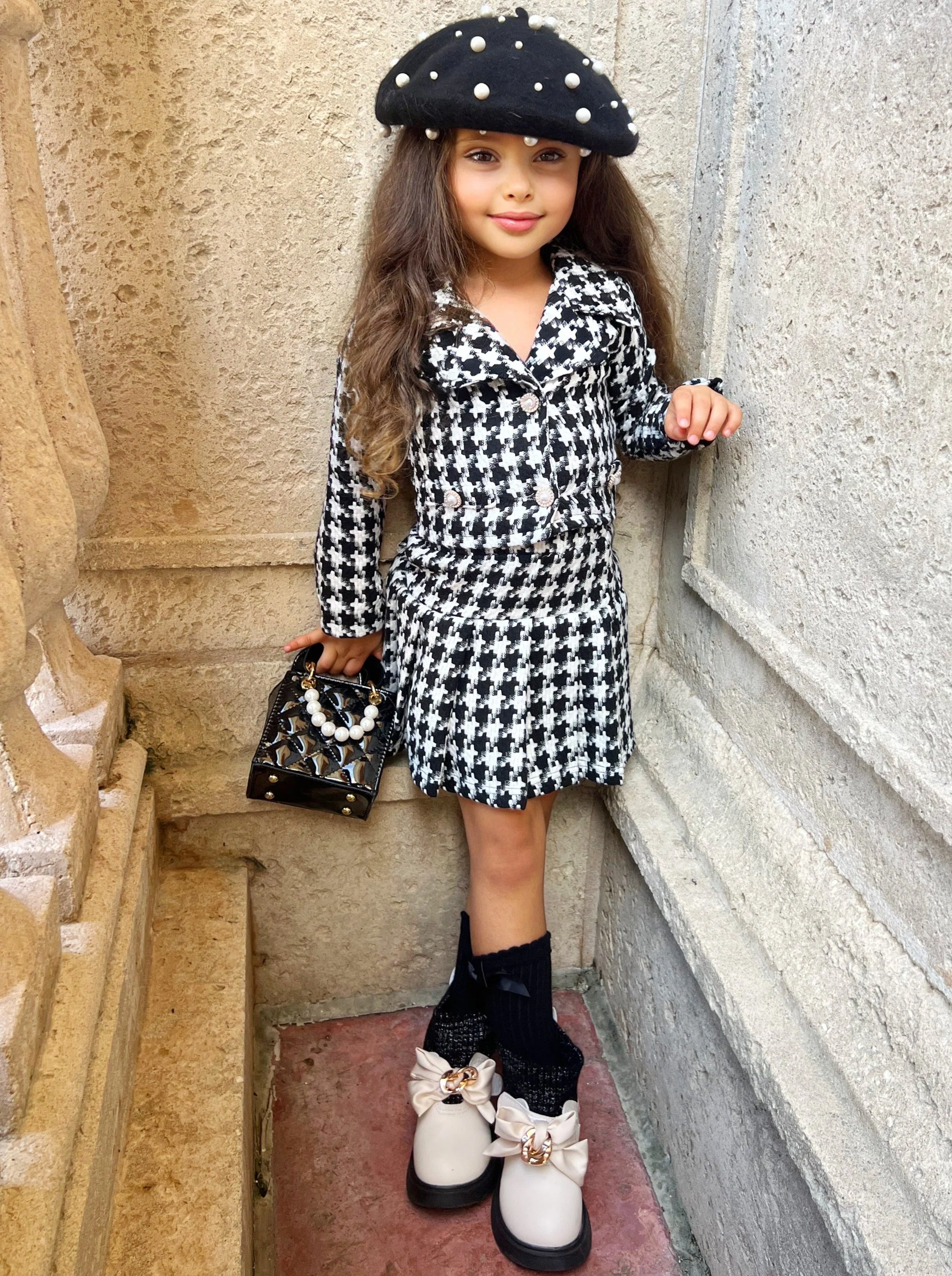Pearl Houndstooth Luxe Blazer And Pleated Skirt Set - Image 3