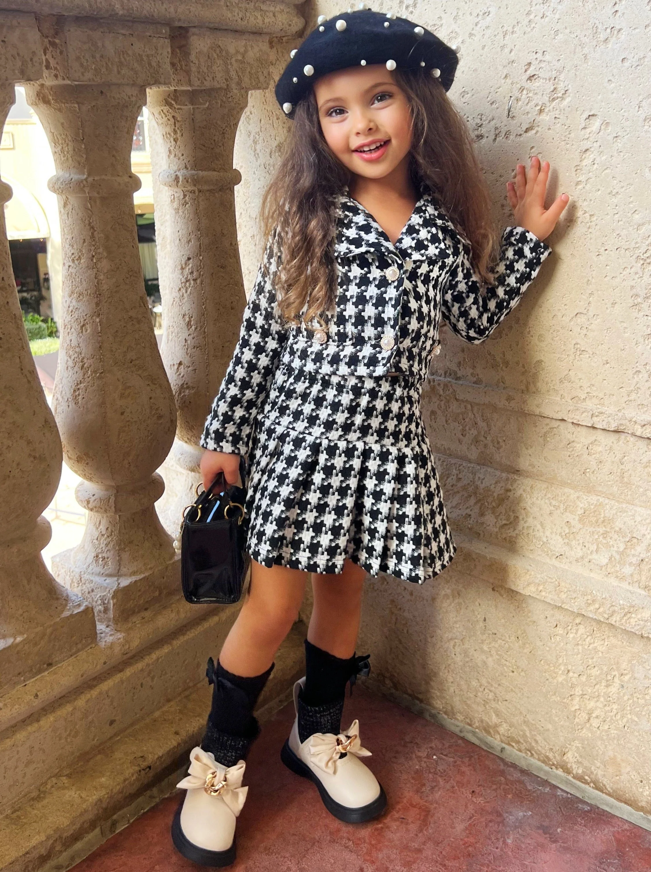 Pearl Houndstooth Luxe Blazer And Pleated Skirt Set - Image 4