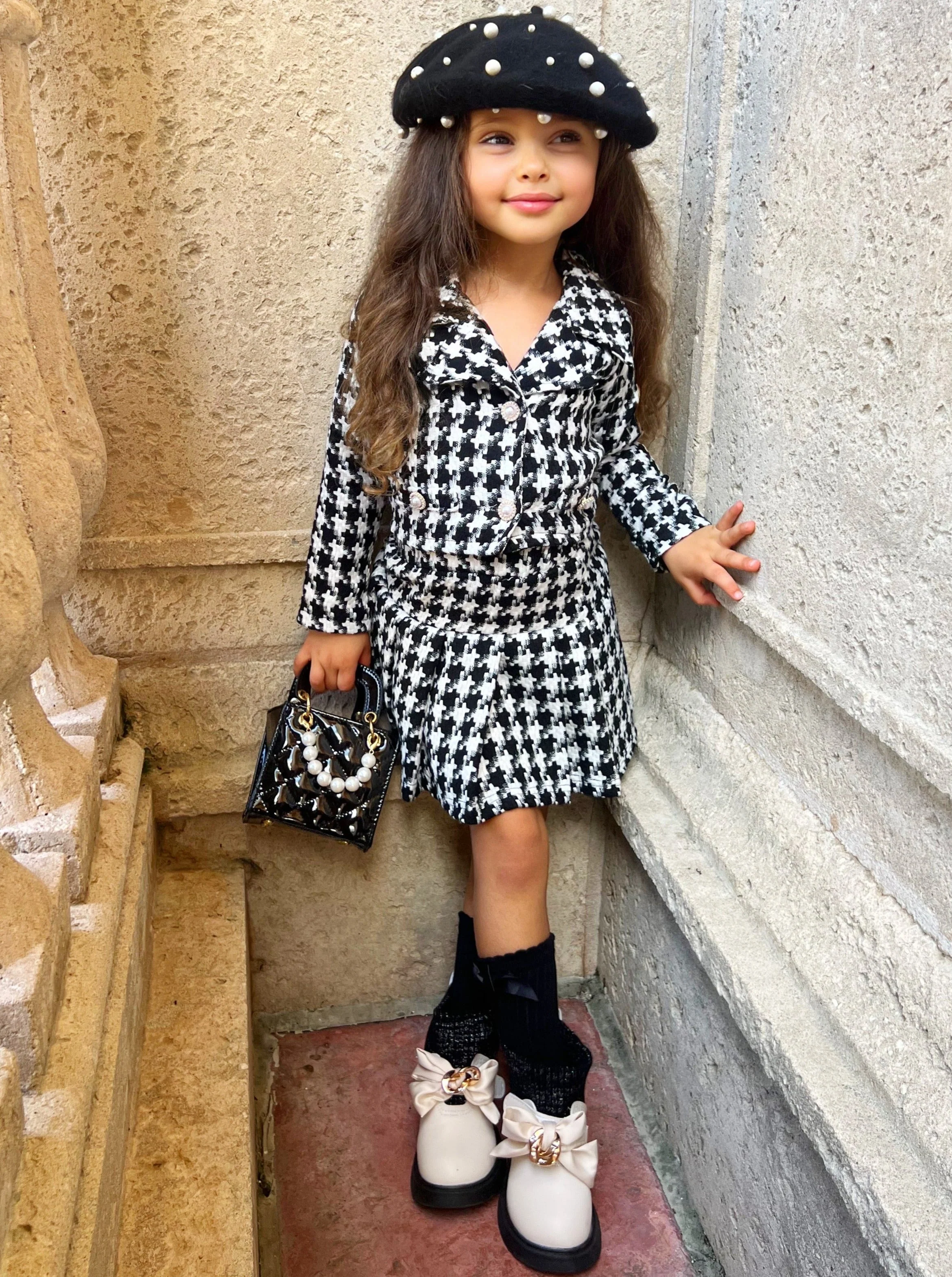 Pearl Houndstooth Luxe Blazer And Pleated Skirt Set - Image 5
