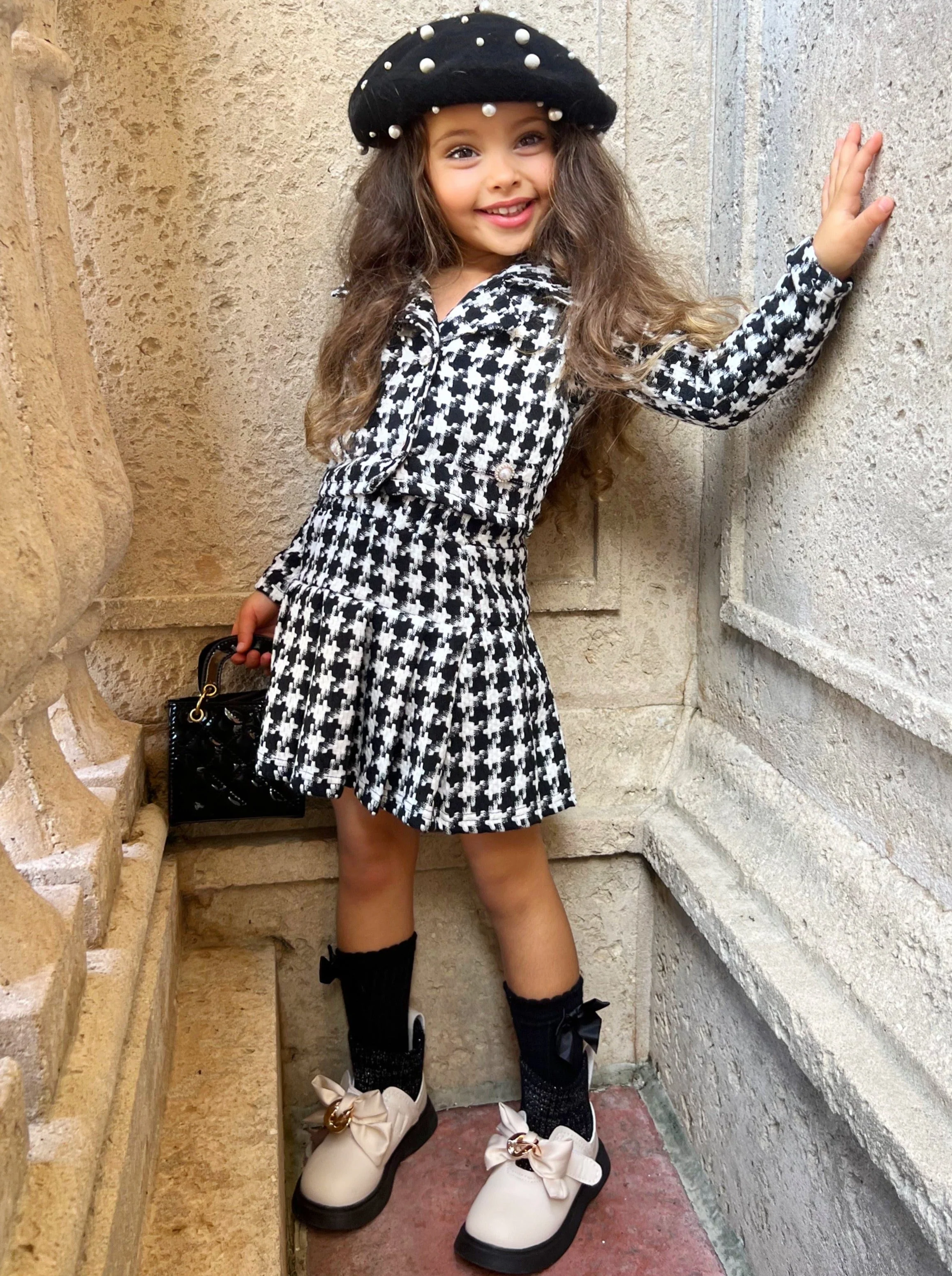 Pearl Houndstooth Luxe Blazer And Pleated Skirt Set - Image 6