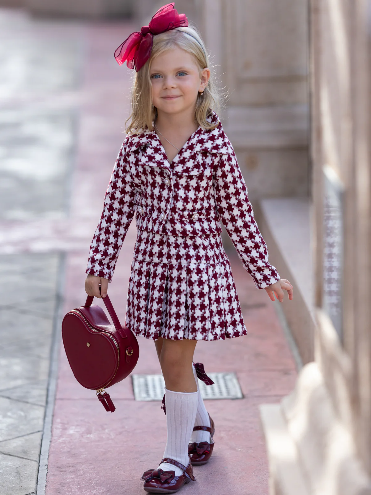 Burgundy Houndstooth Jacket and Pleated Skirt Set - Image 2