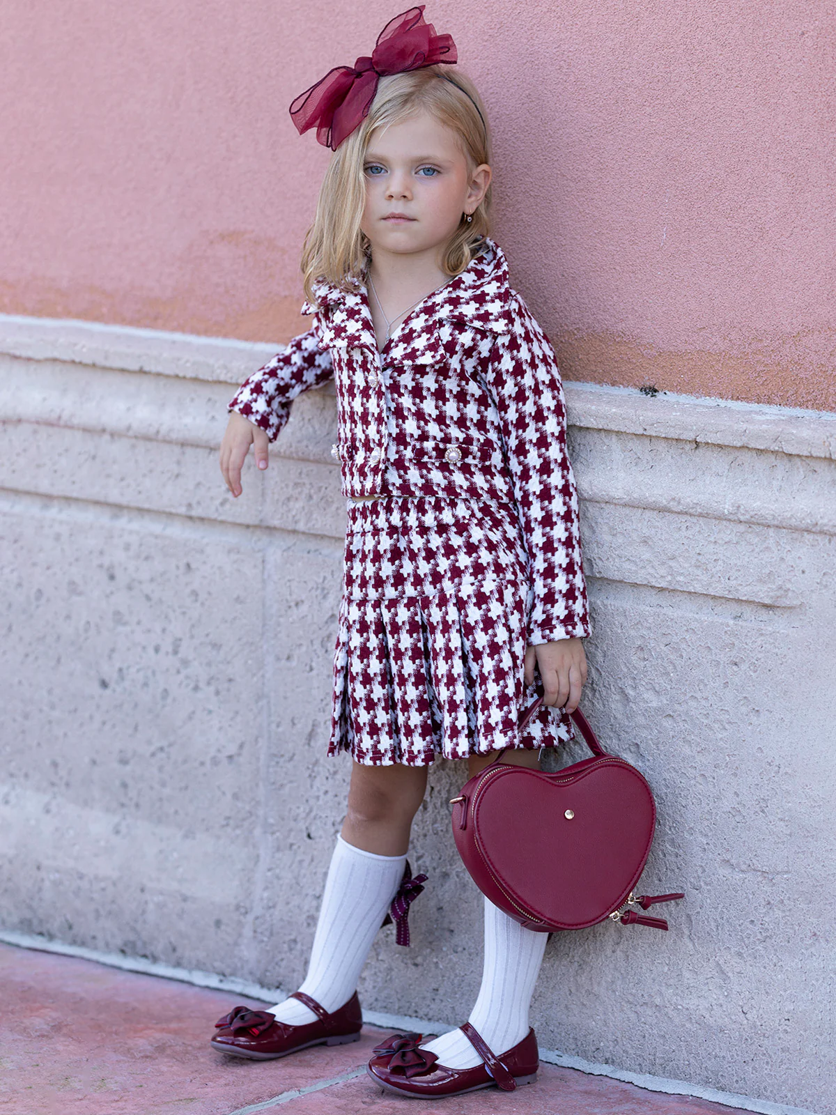 Burgundy Houndstooth Jacket and Pleated Skirt Set - Image 3