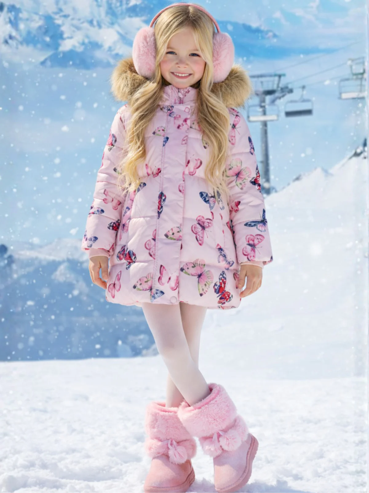 Flutter Bliss Butterfly Print Fur-Trim Hooded Puffer Coat - Image 3