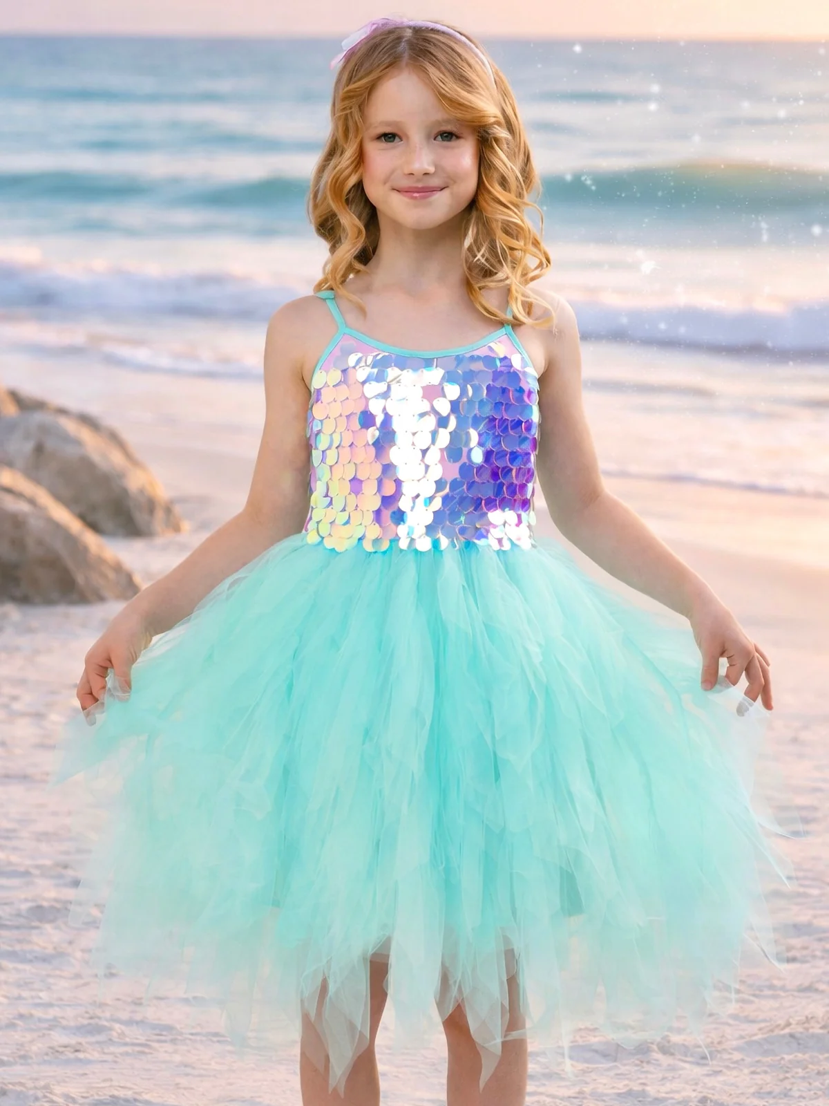 Iridescent Aqua Mermaid Sequin Party Dress - Image 3