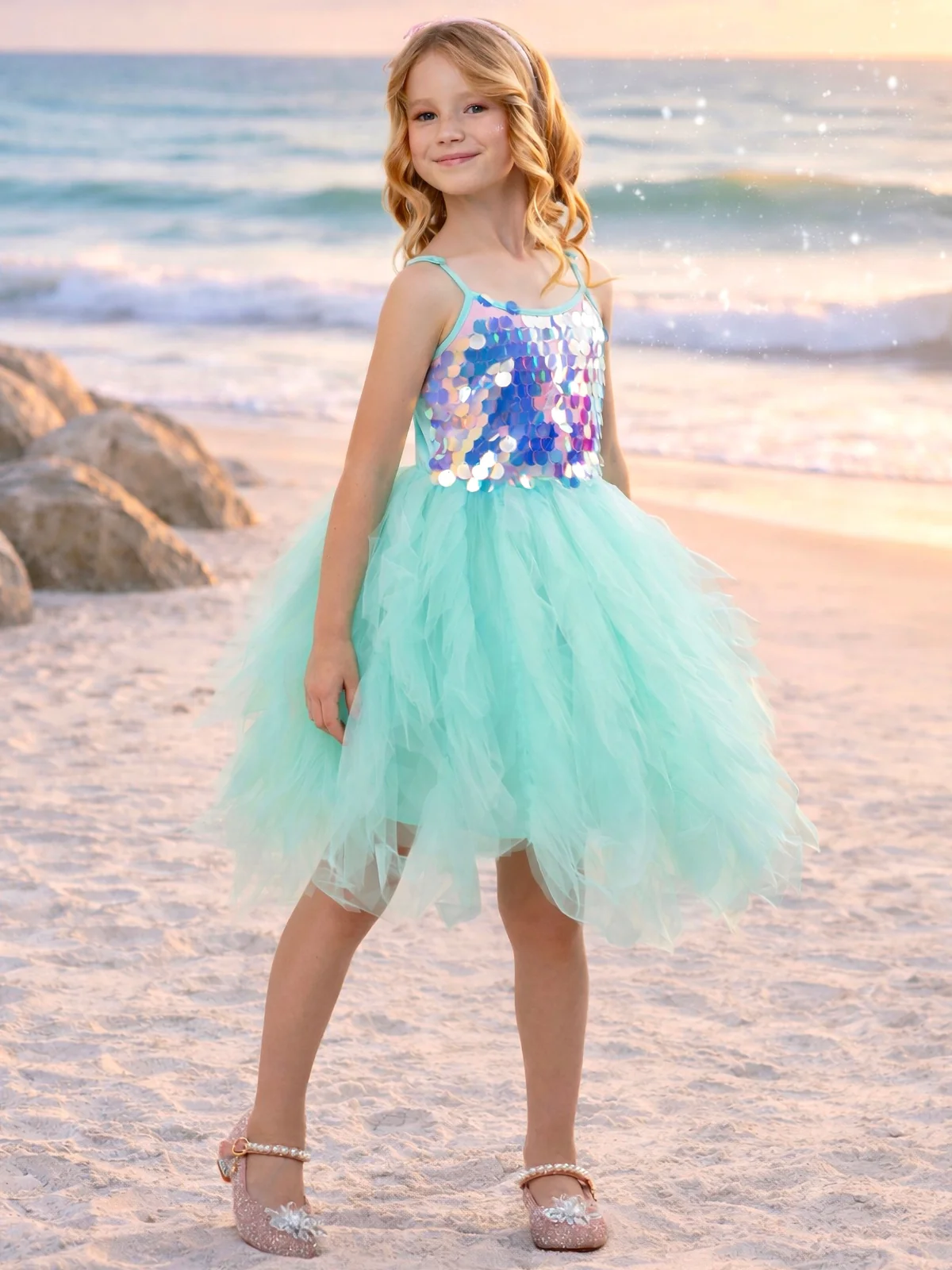 Iridescent Aqua Mermaid Sequin Party Dress - Image 5