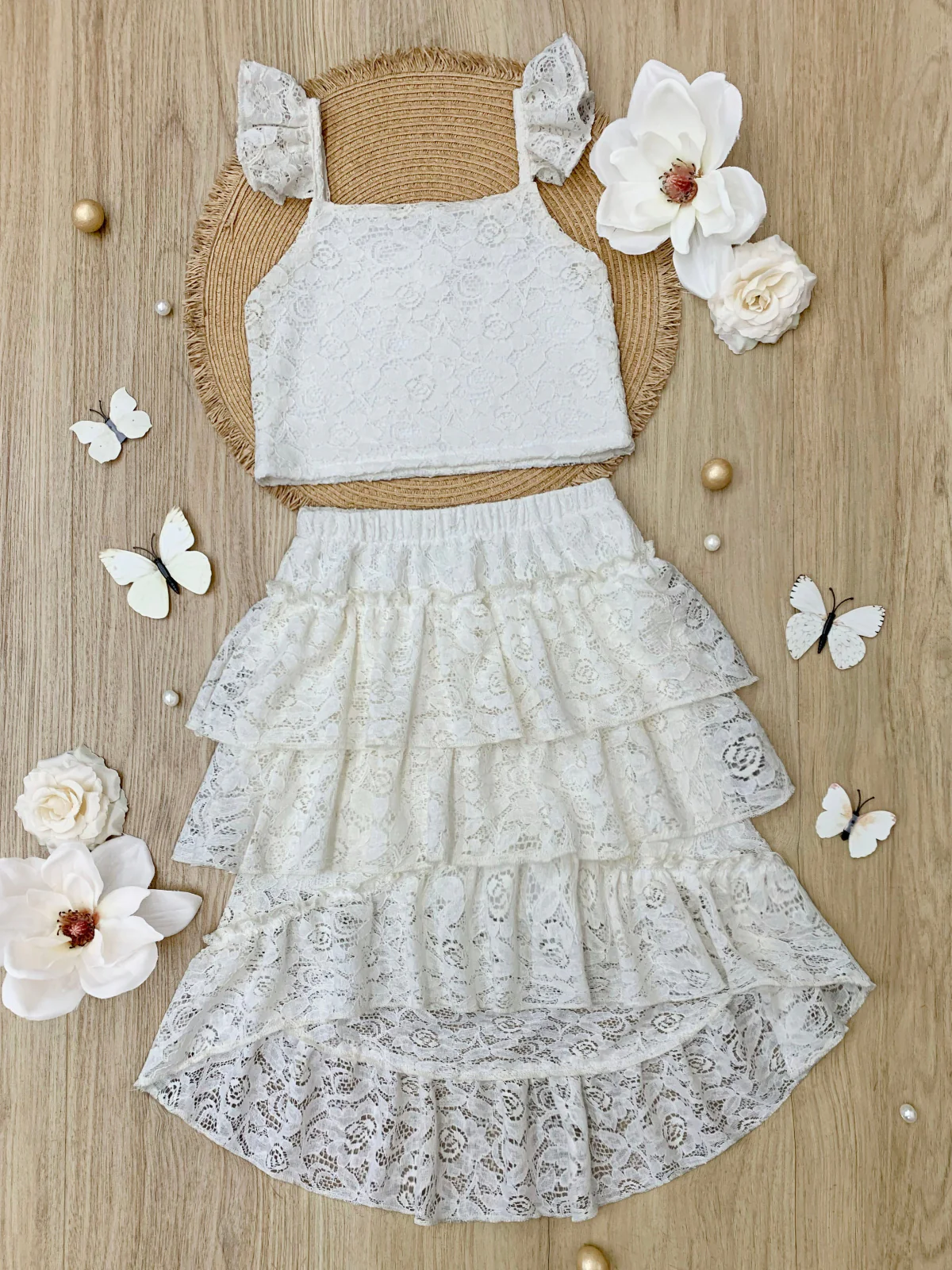 Ivory Blossom Lace Ruffle Top & Skirt Set - Image 4