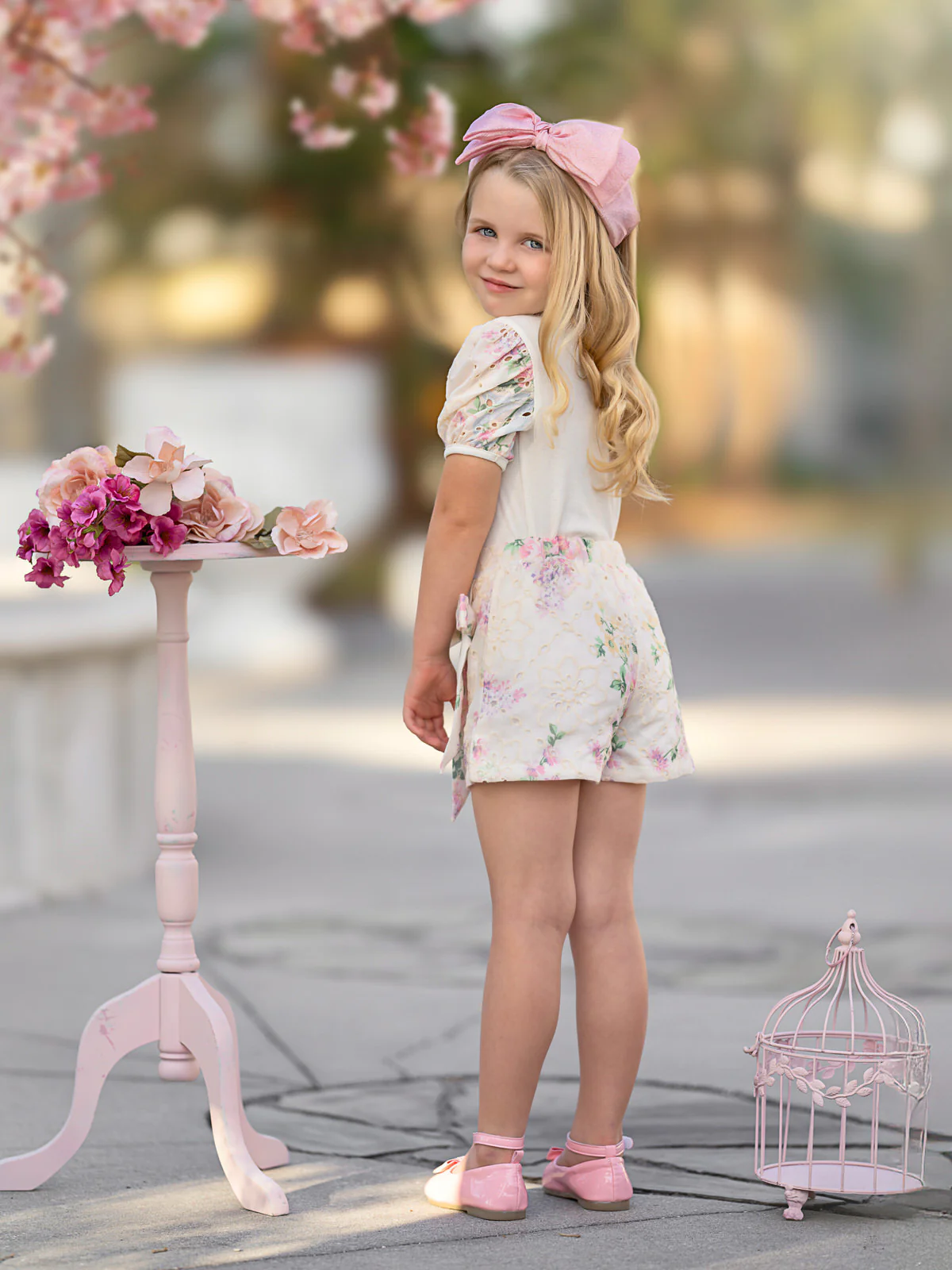 Ivory Floral Puff Sleeve Top and Eyelet Wrap Skort Set - Image 3