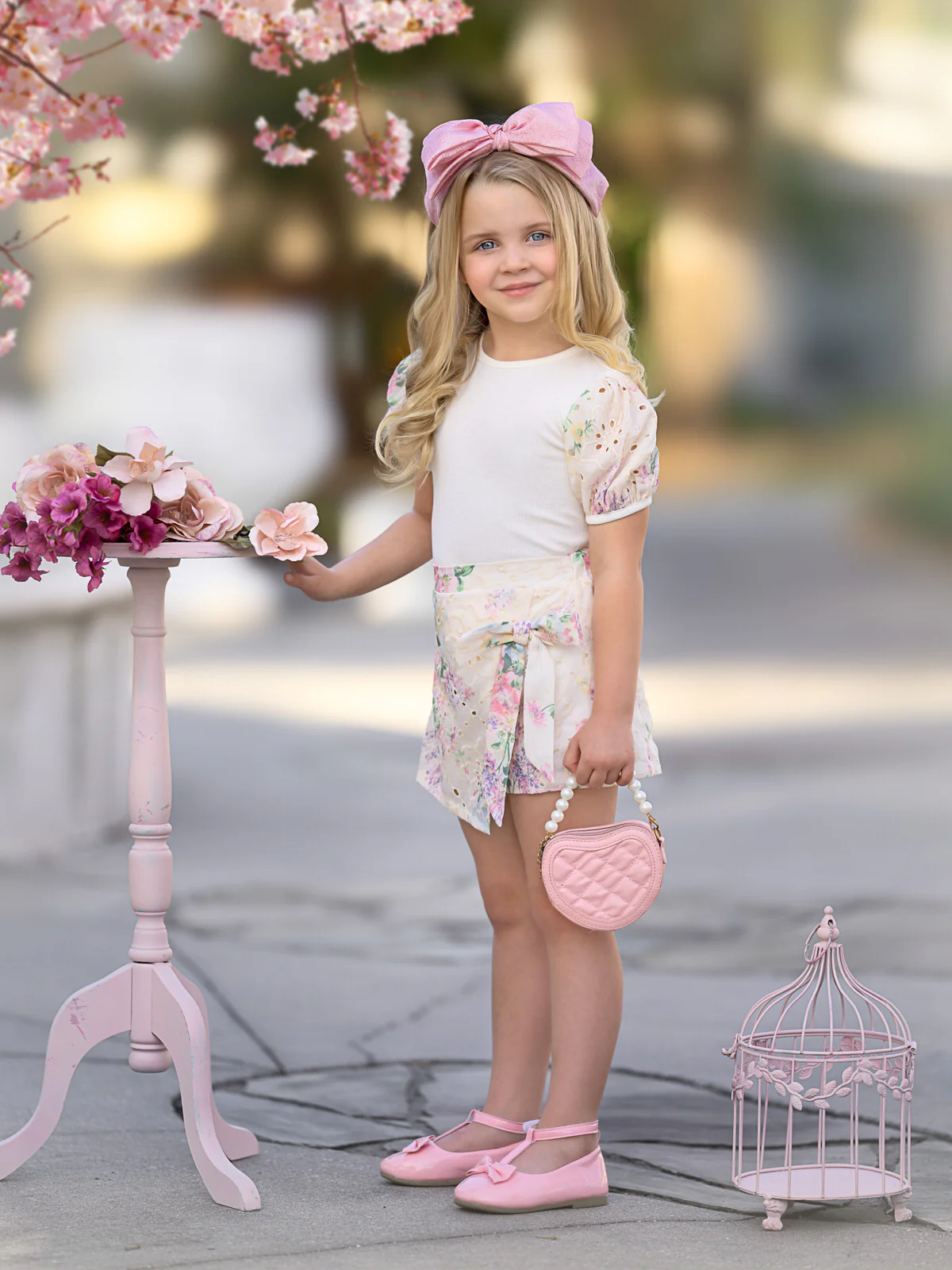 Ivory Floral Puff Sleeve Top and Eyelet Wrap Skort Set - Image 6