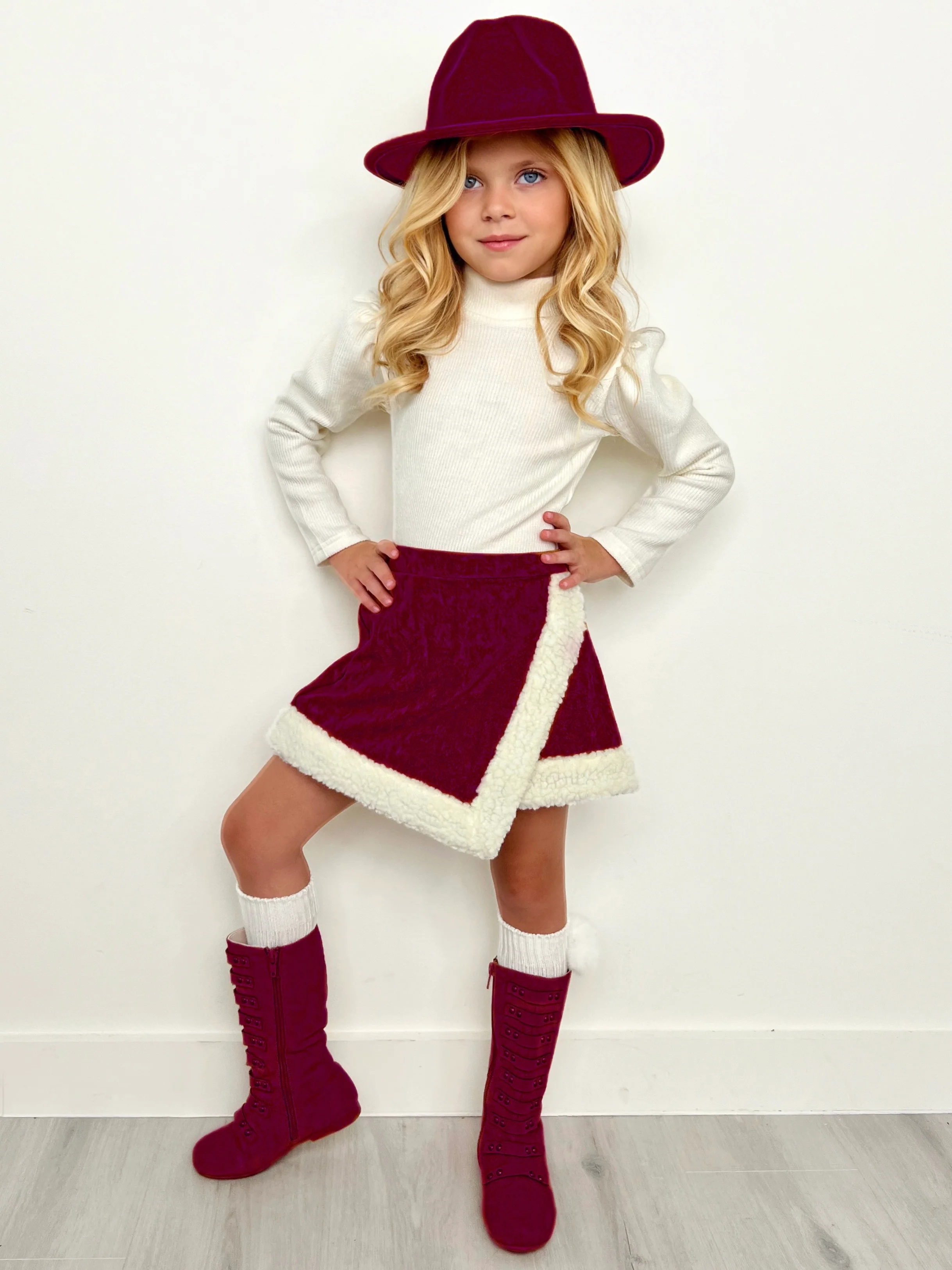 Cozy Long Sleeve Top and Faux Suede Berry Skort Set - Image 4