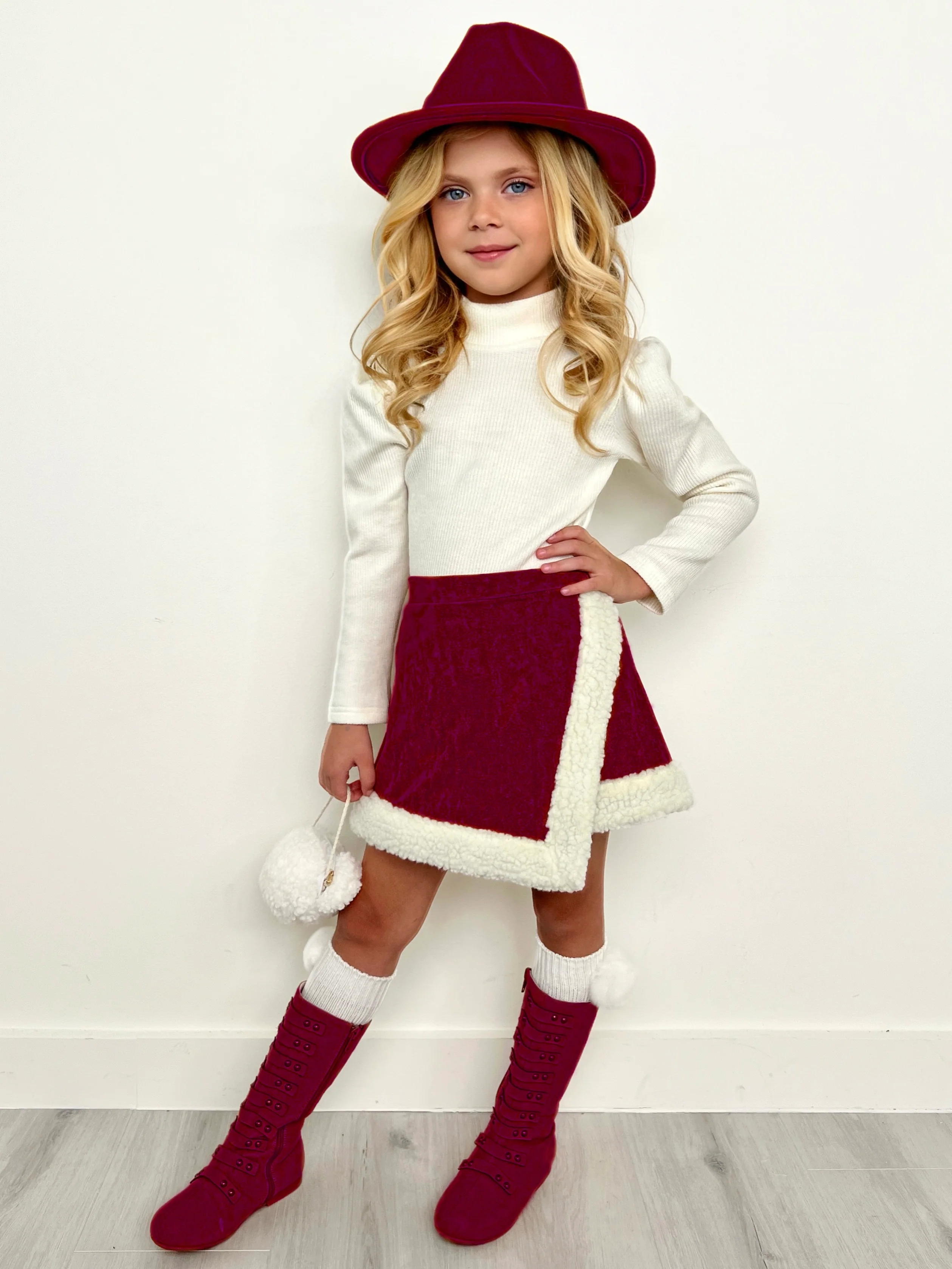 Cozy Long Sleeve Top and Faux Suede Berry Skort Set - Image 5