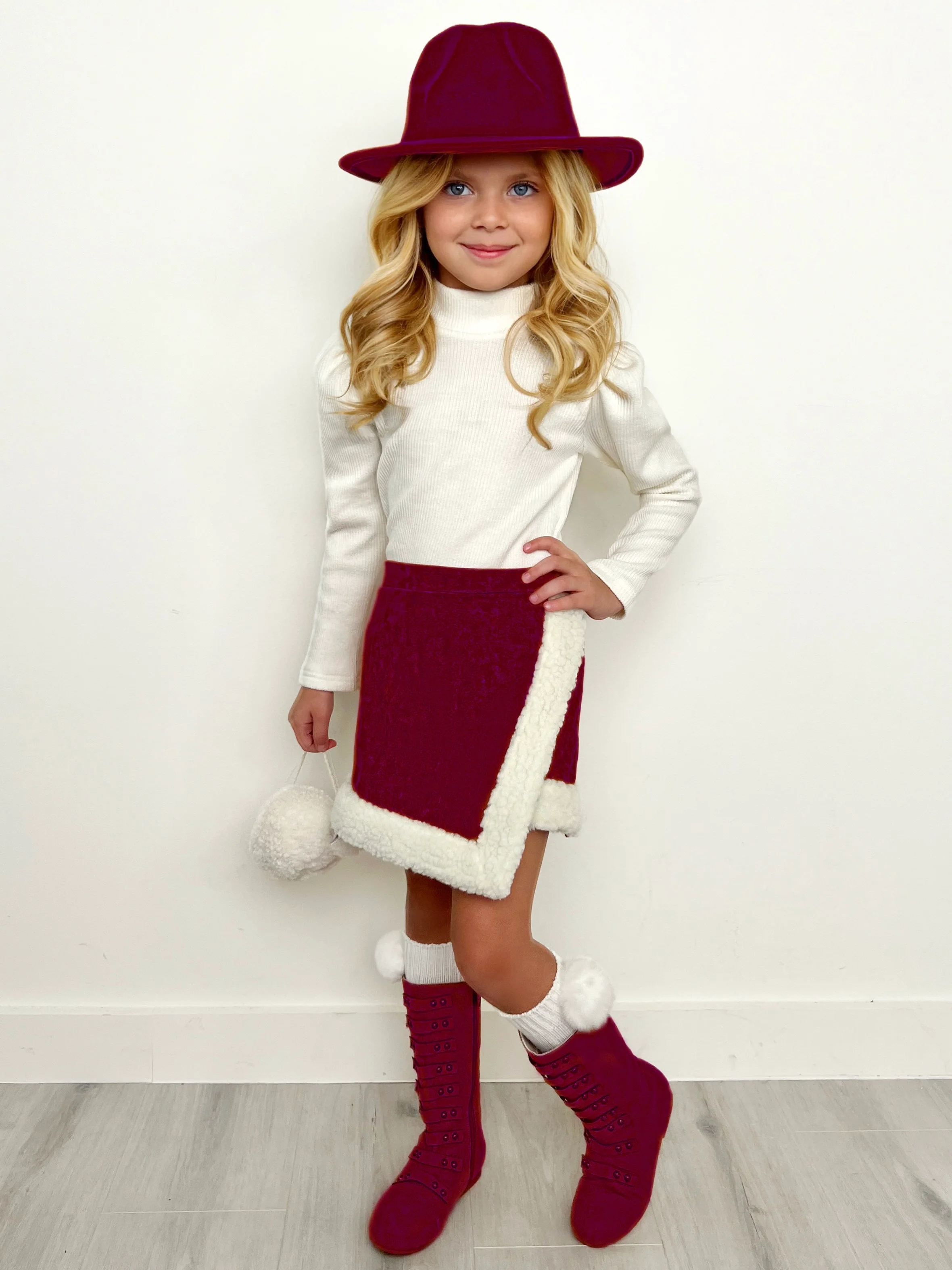 Cozy Long Sleeve Top and Faux Suede Berry Skort Set - Image 6
