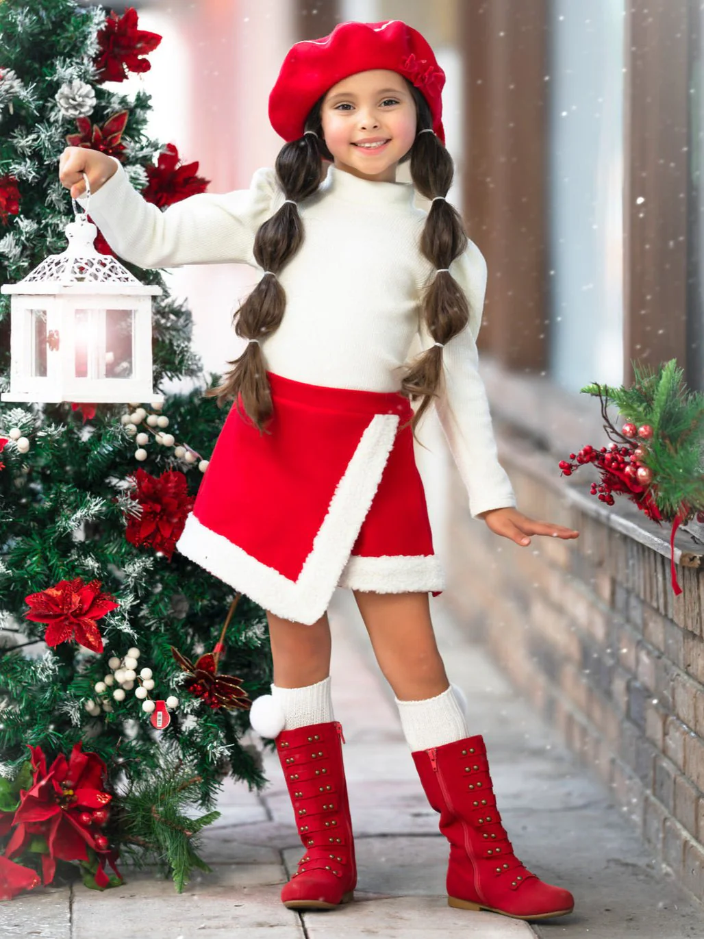 Ivory Turtleneck Top and Red Fur Trimmed Skort Set - Image 2
