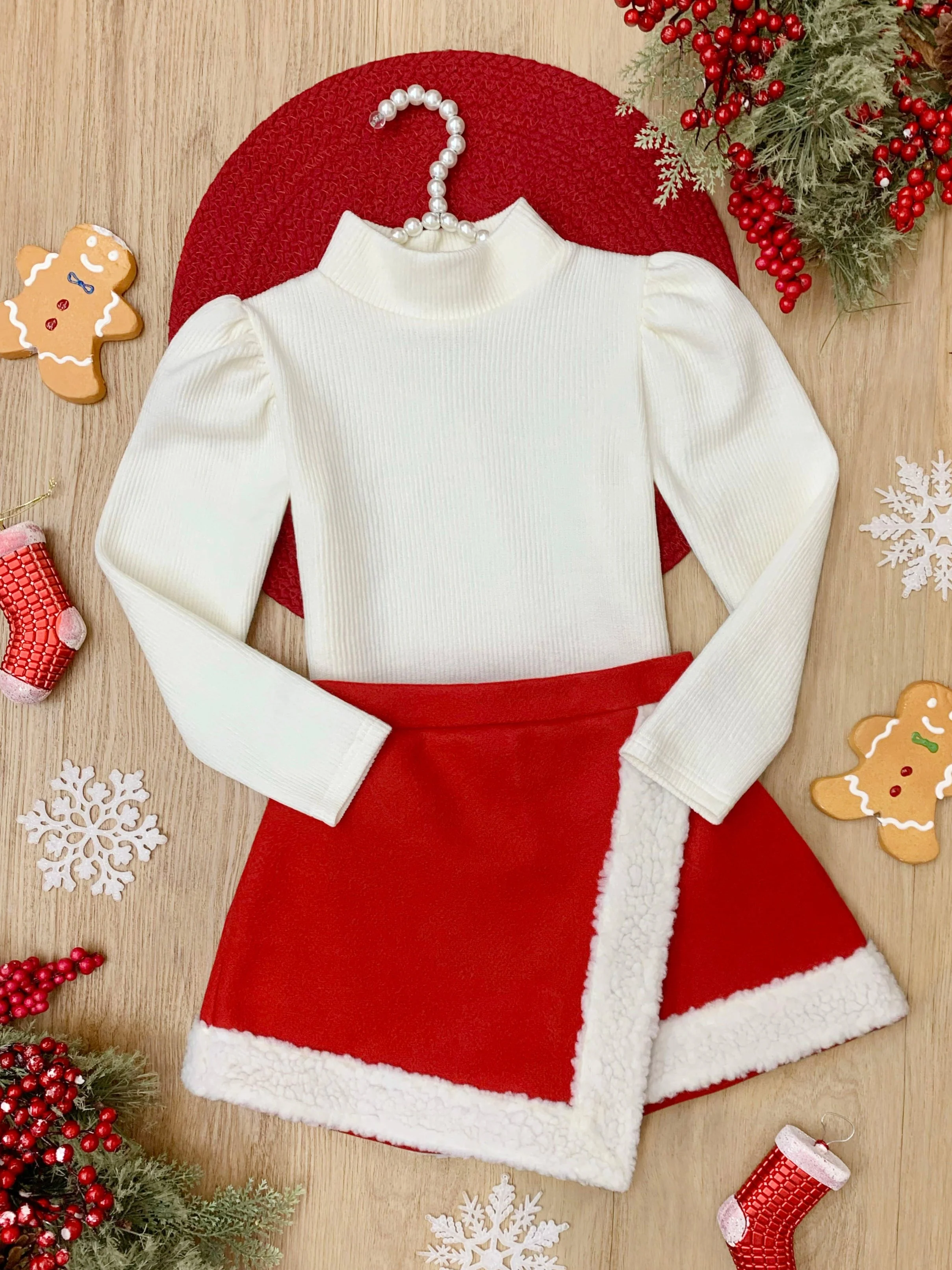 Ivory Turtleneck Top and Red Fur Trimmed Skort Set - Image 4