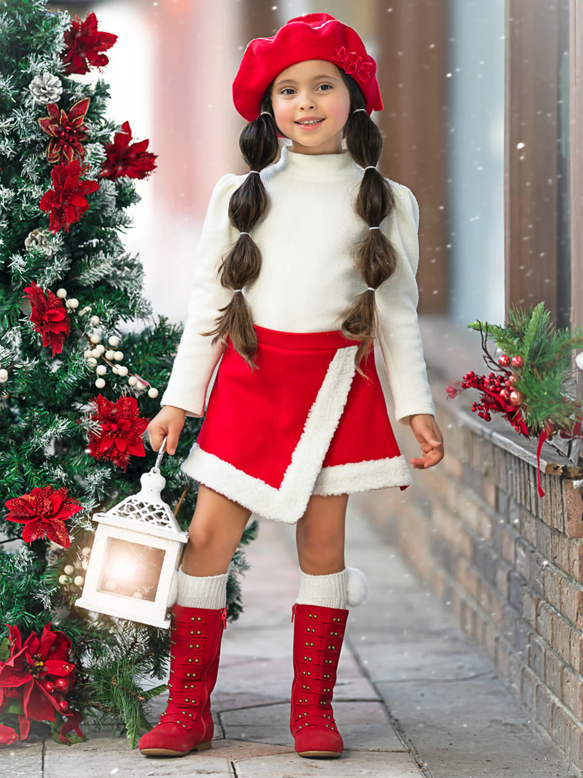 Ivory Turtleneck Top and Red Fur Trimmed Skort Set - Image 5