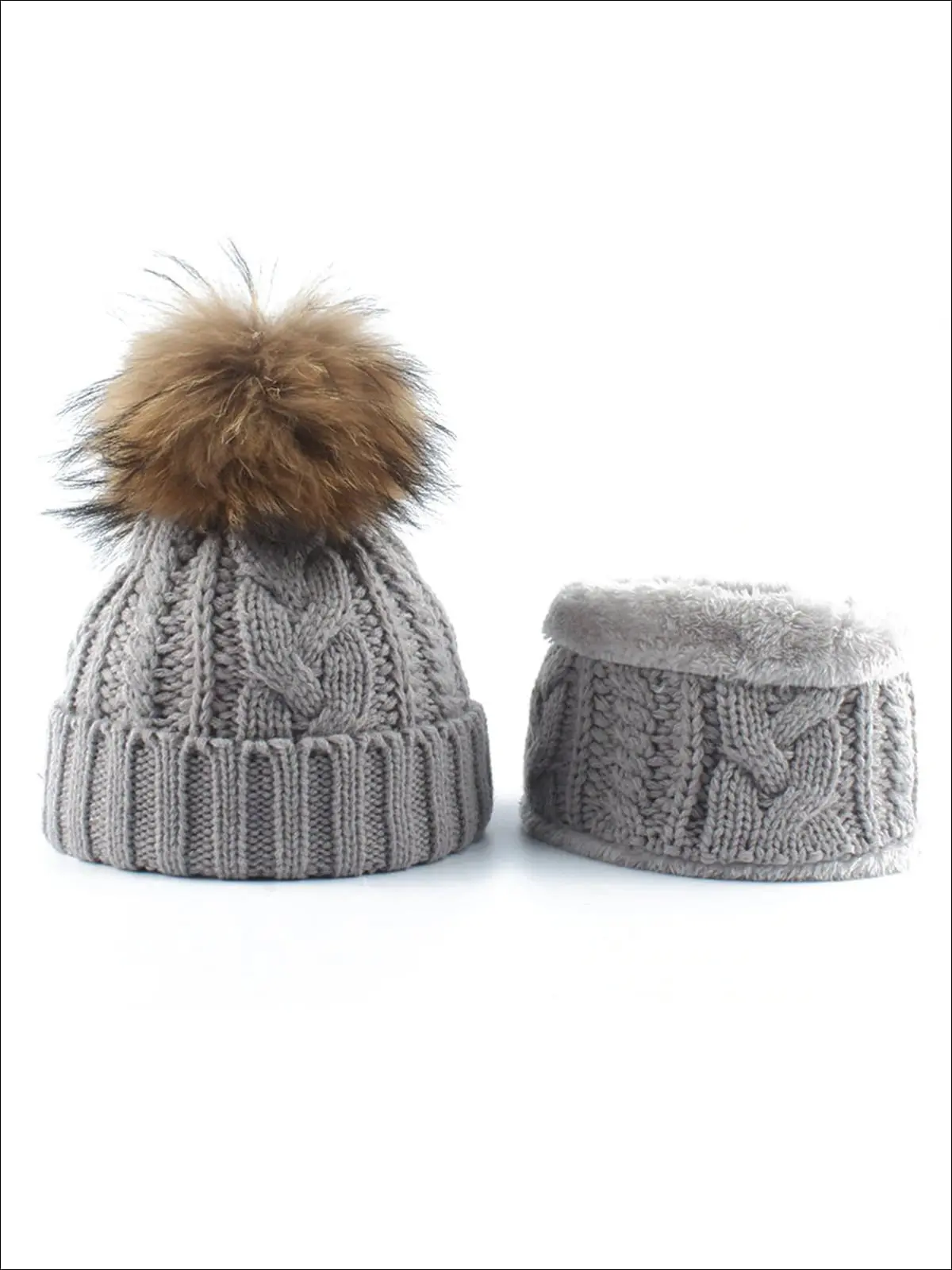 Girls Kids Cable Knit Pom Pom Beanie with Neck Scarf - Image 3