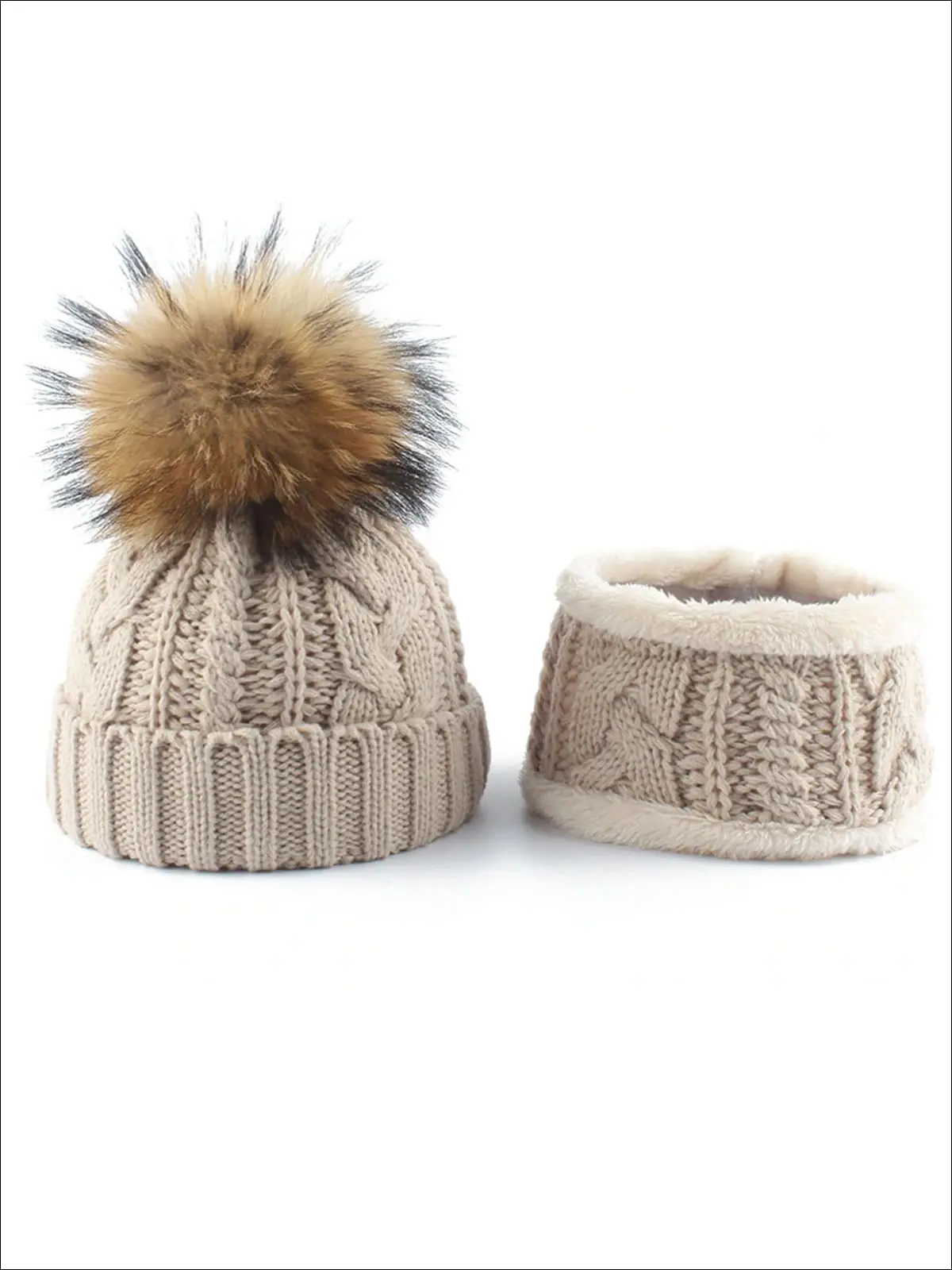 Girls Kids Cable Knit Pom Pom Beanie with Neck Scarf - Image 4