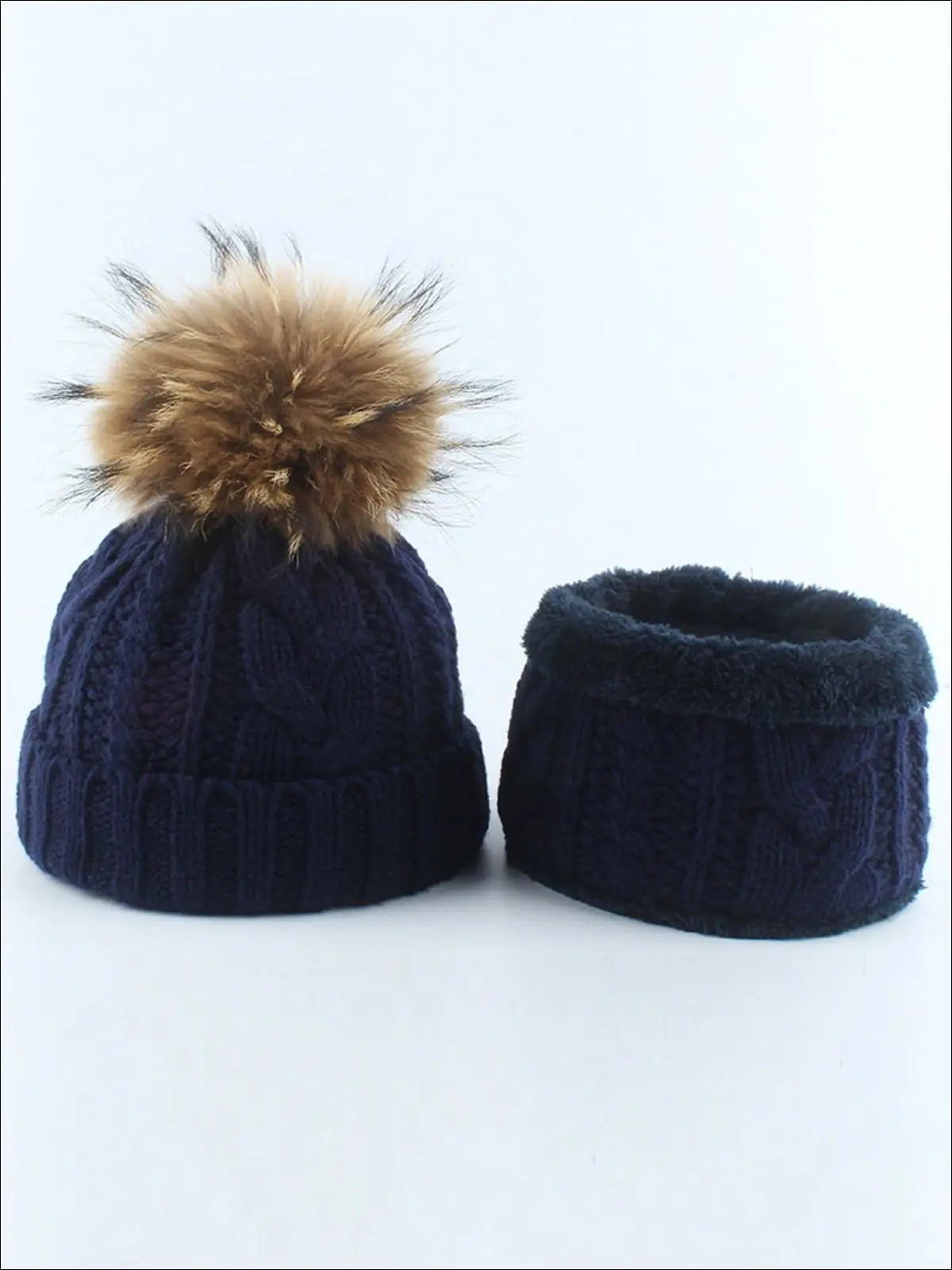 Girls Kids Cable Knit Pom Pom Beanie with Neck Scarf - Image 5