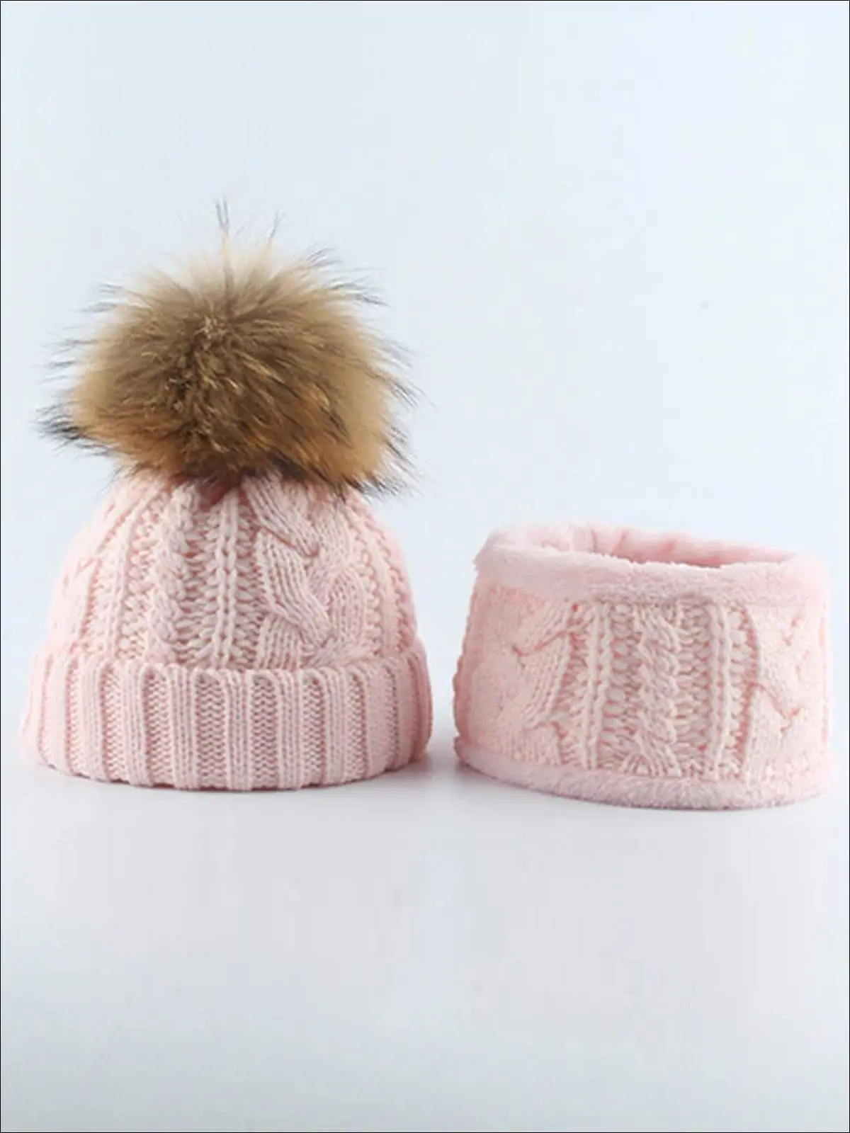 Girls Kids Cable Knit Pom Pom Beanie with Neck Scarf - Image 6