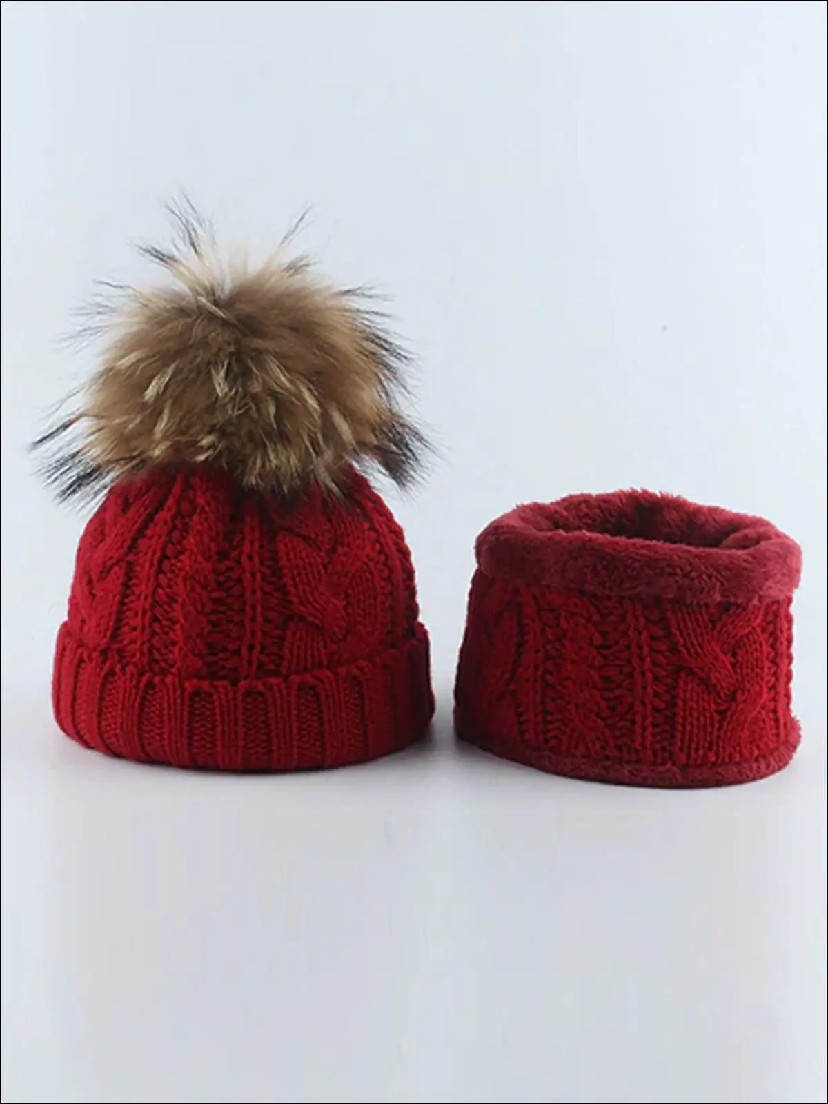 Girls Kids Cable Knit Pom Pom Beanie with Neck Scarf - Image 7