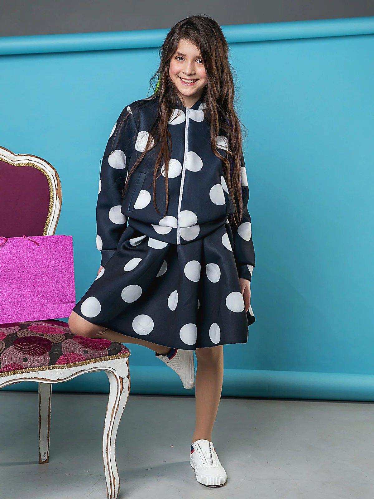 Navy Neoprene Polka Dot Pleated Tennis Skirt by Kids Couture - Image 3