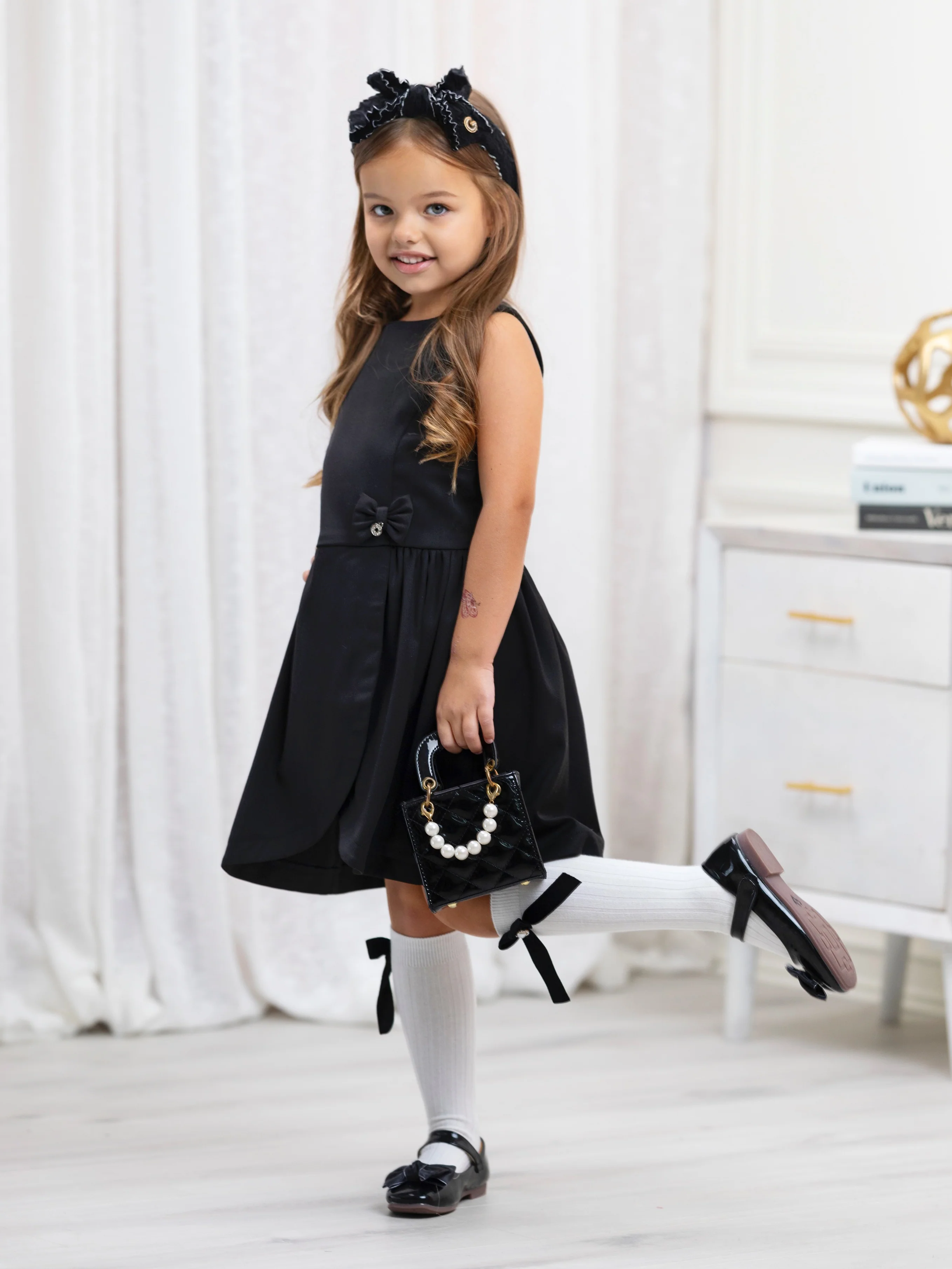 Classic Black Bow Accent A-Line Dress by Kids Couture - Image 7