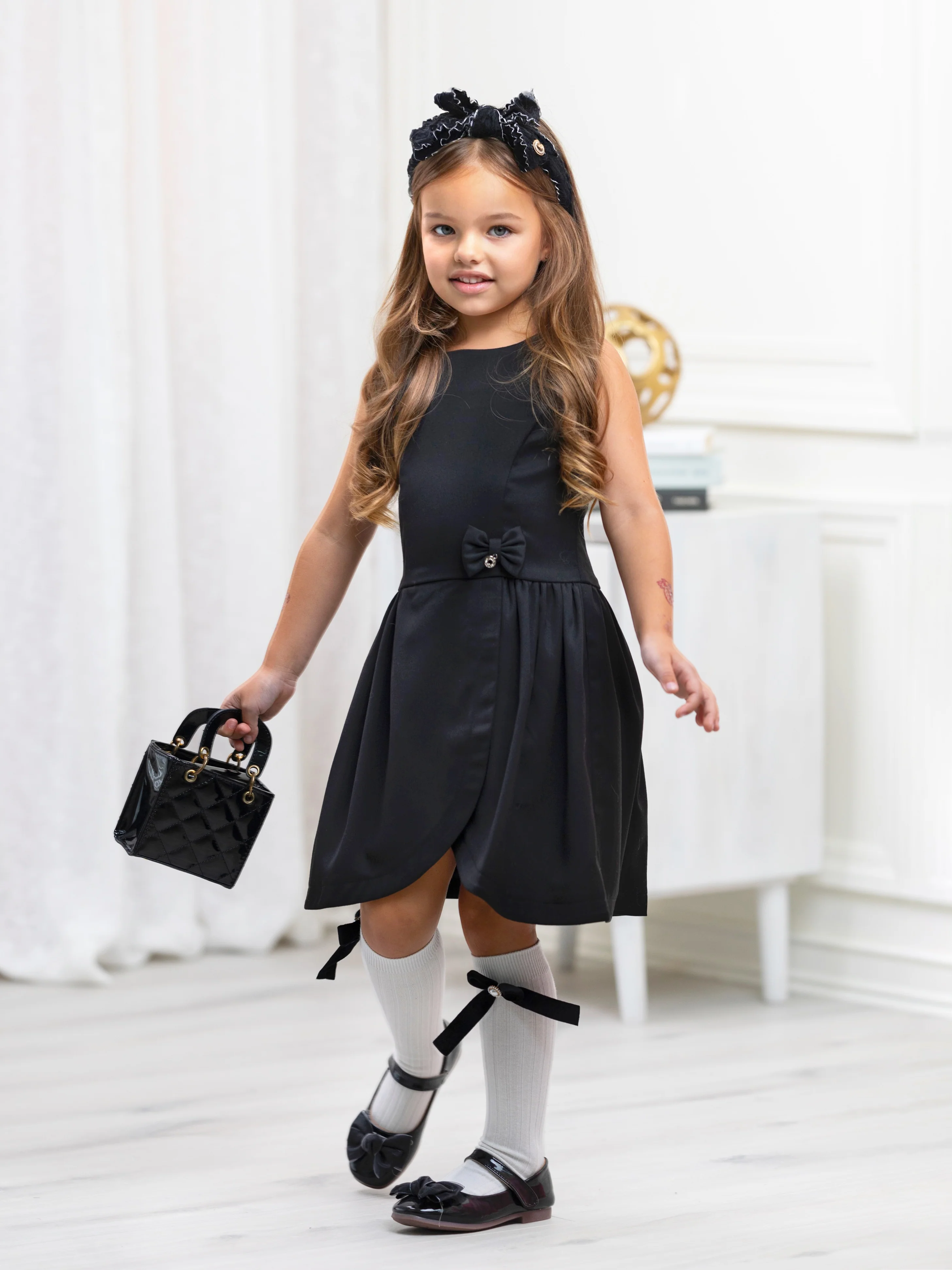 Classic Black Bow Accent A-Line Dress by Kids Couture - Image 8