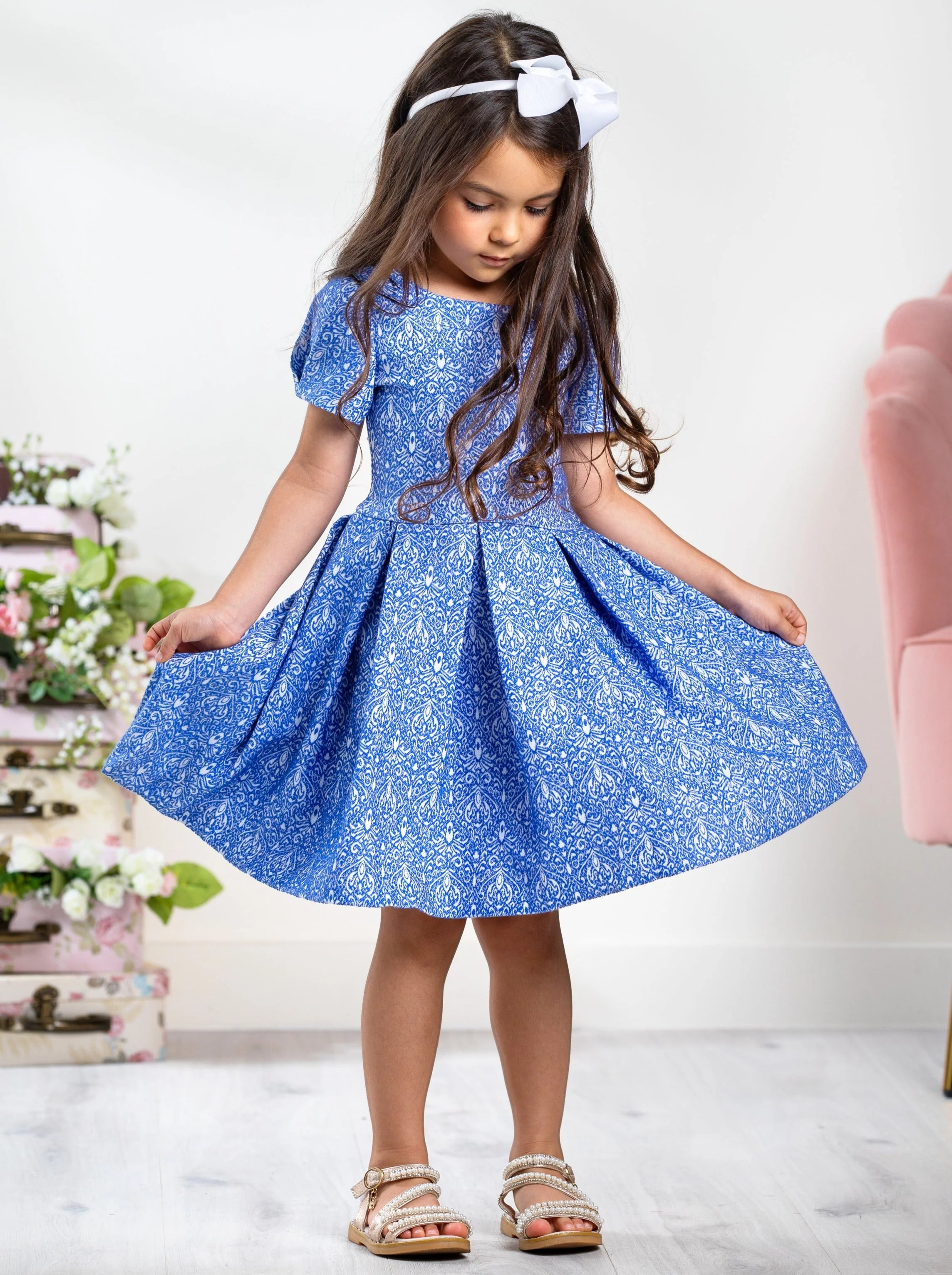 Blue Brocade Pleated Midi Dress by Kids Couture - Image 2