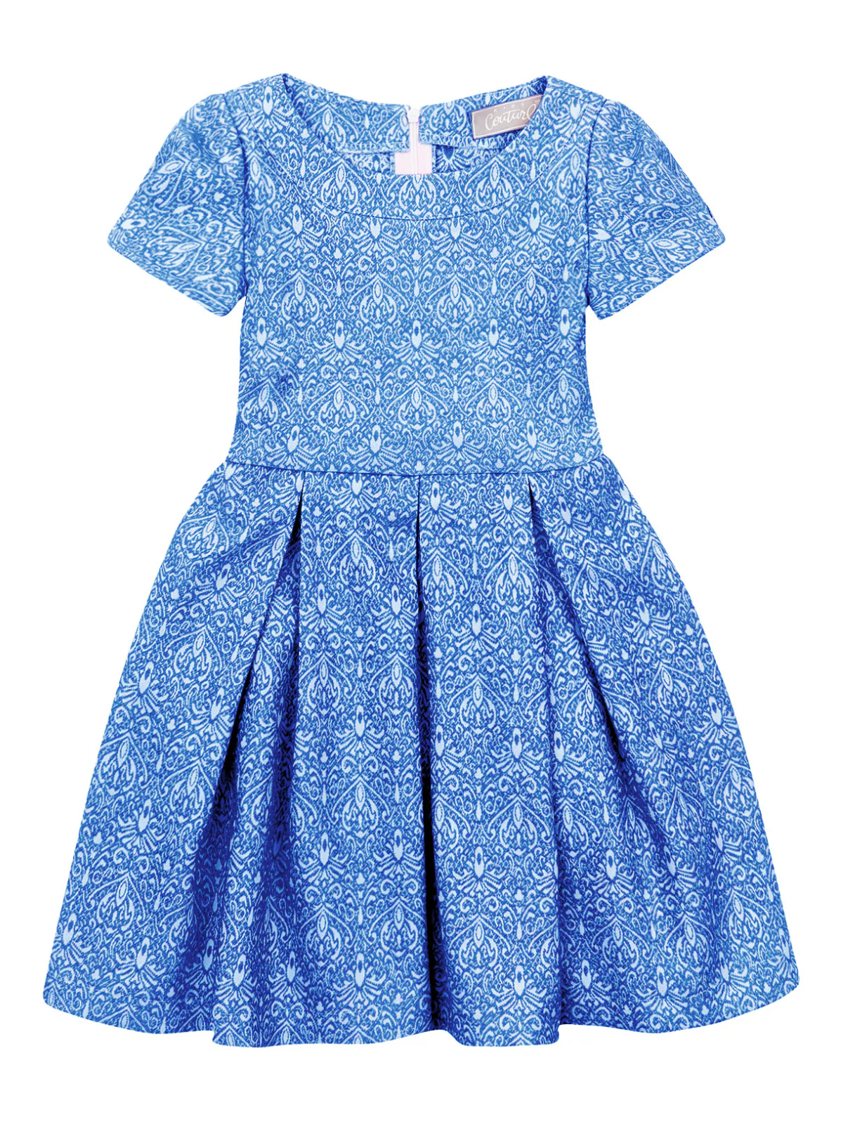 Blue Brocade Pleated Midi Dress by Kids Couture - Image 3