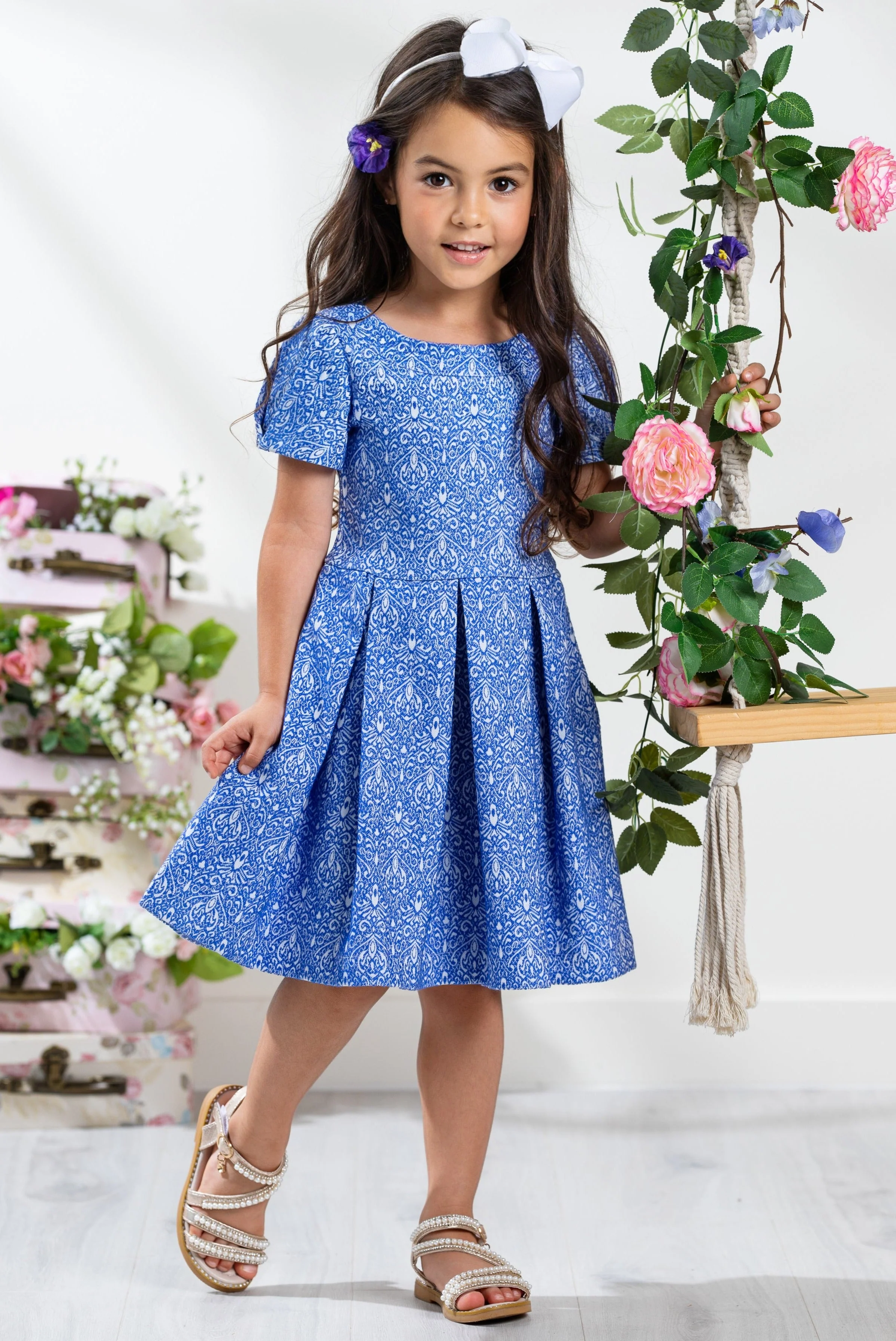 Blue Brocade Pleated Midi Dress by Kids Couture - Image 4