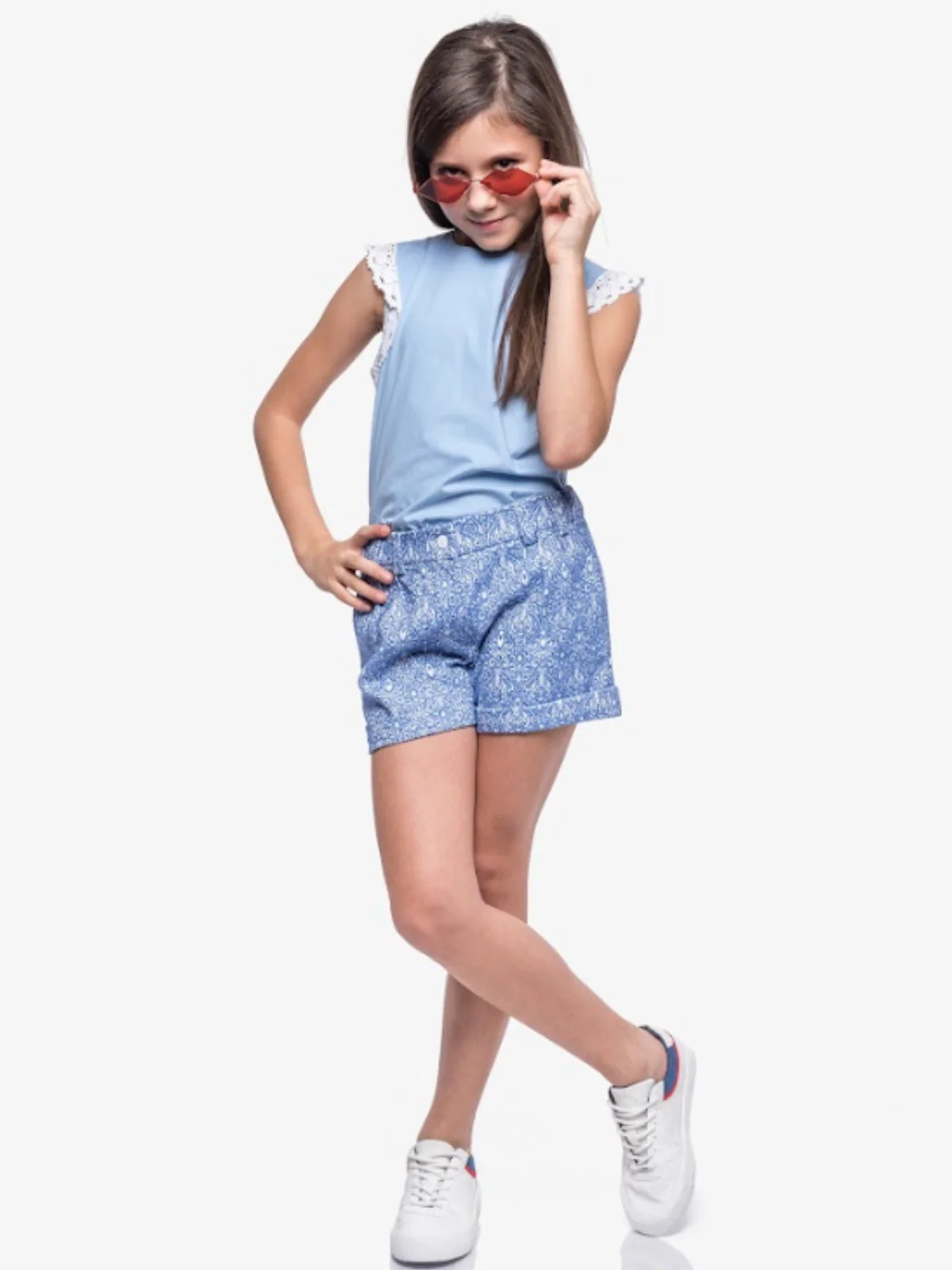 Blue Jacquard Pleated Shorts by Kids Couture - Image 3