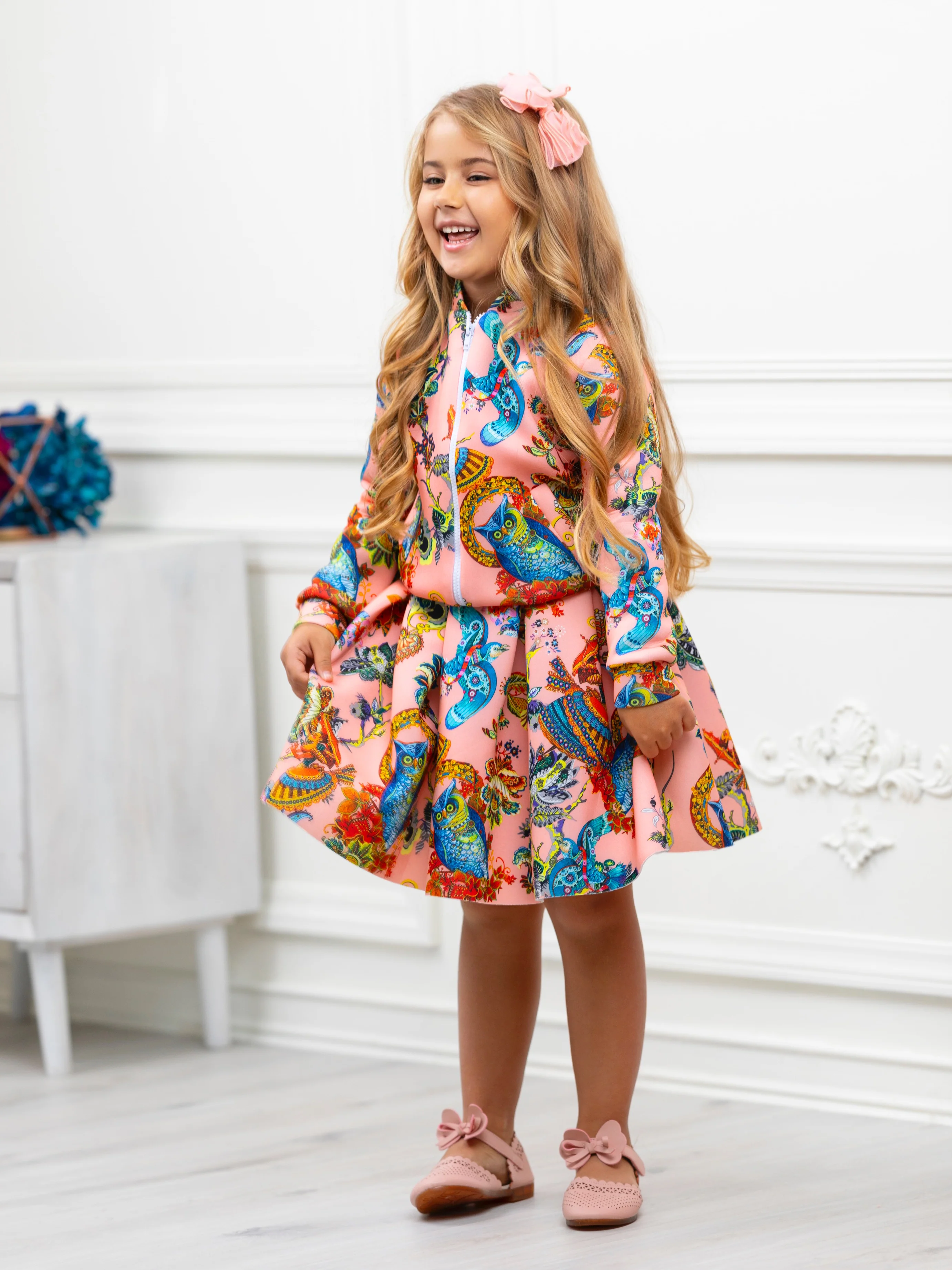 Botanical Owl Coral Neoprene Pleated Skirt by Kids Couture - Image 5