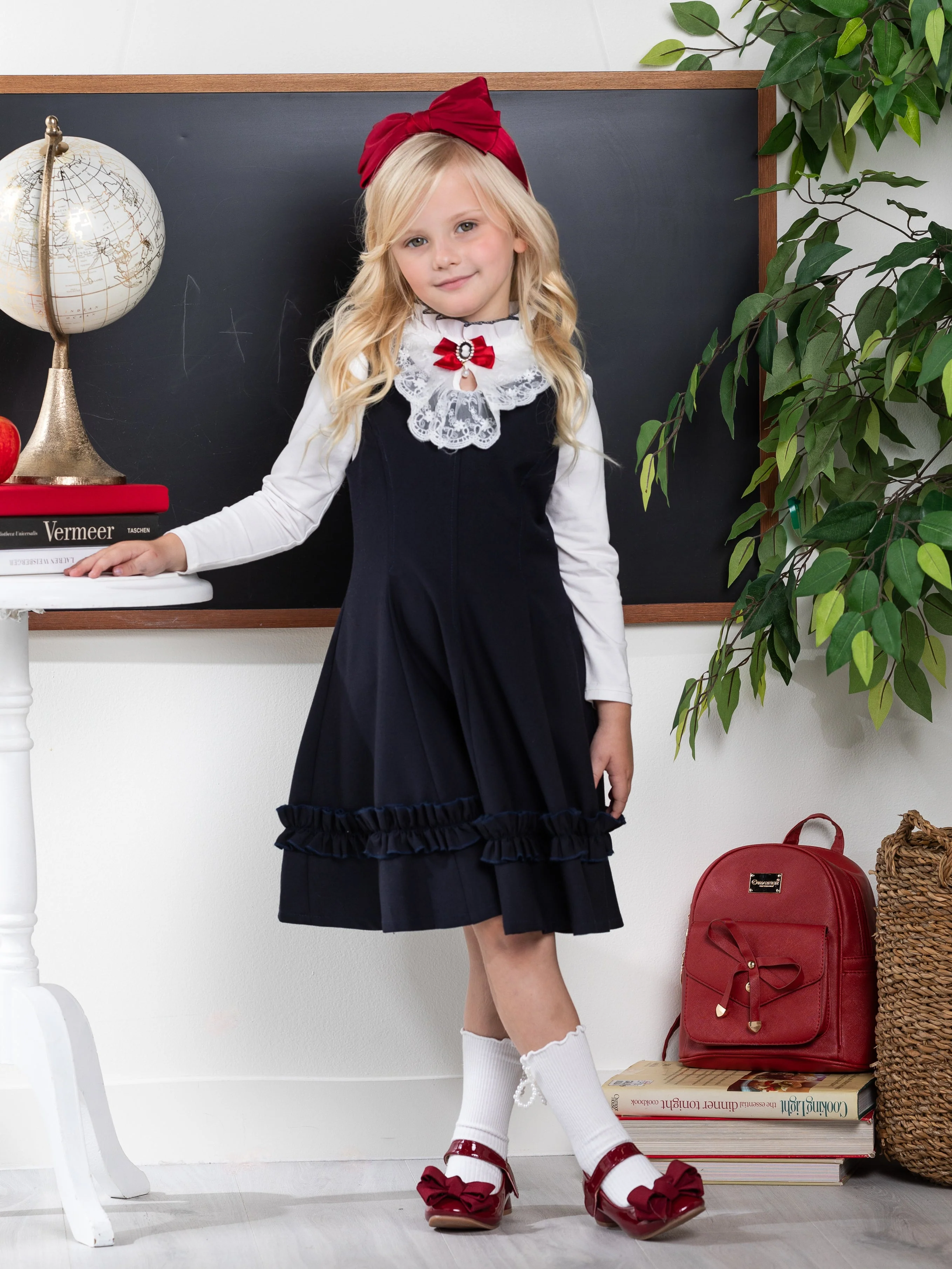 Classic Elegance Ruffle Front Navy Dress by Kids Couture - Image 2