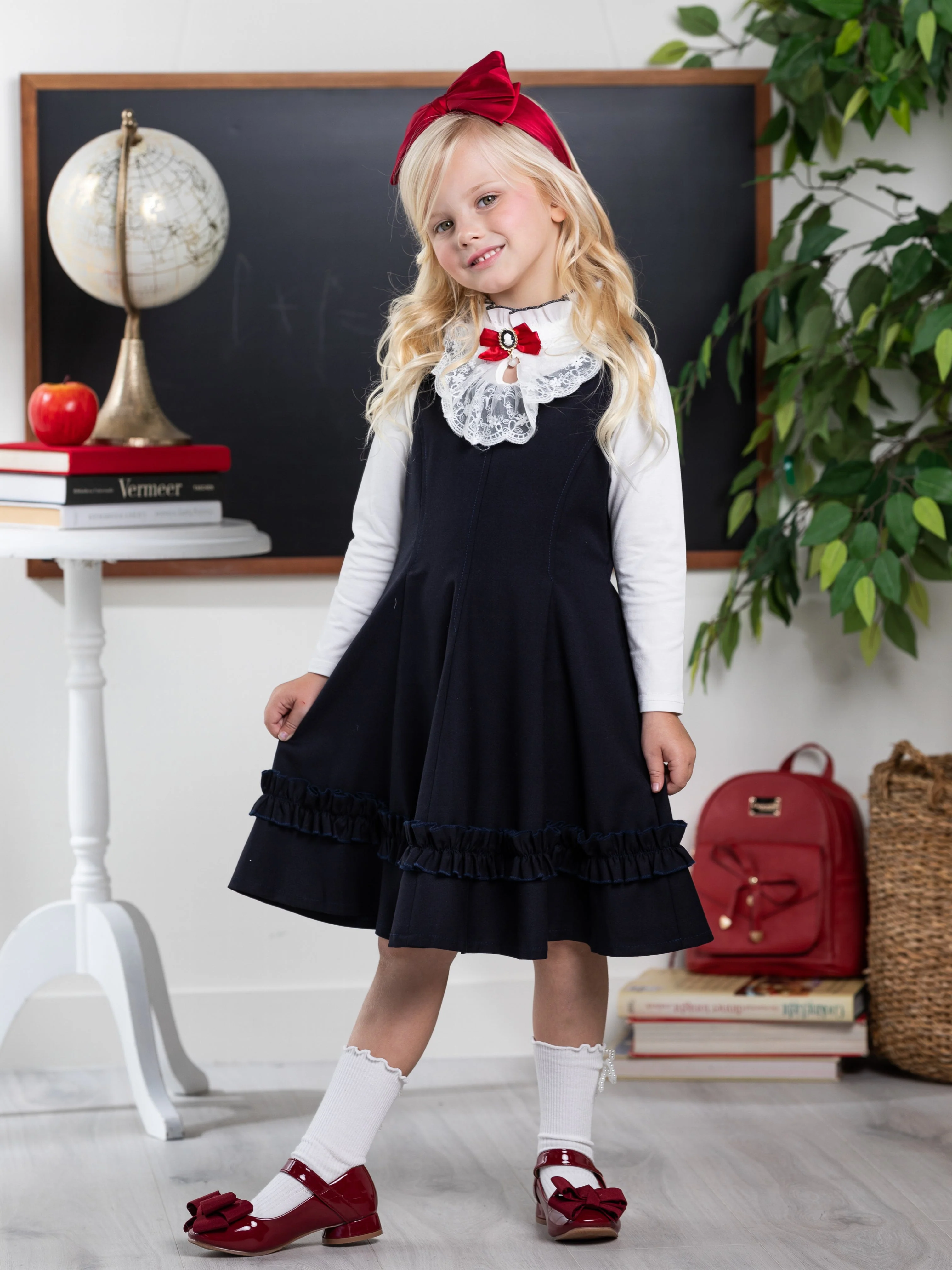 Classic Elegance Ruffle Front Navy Dress by Kids Couture - Image 7