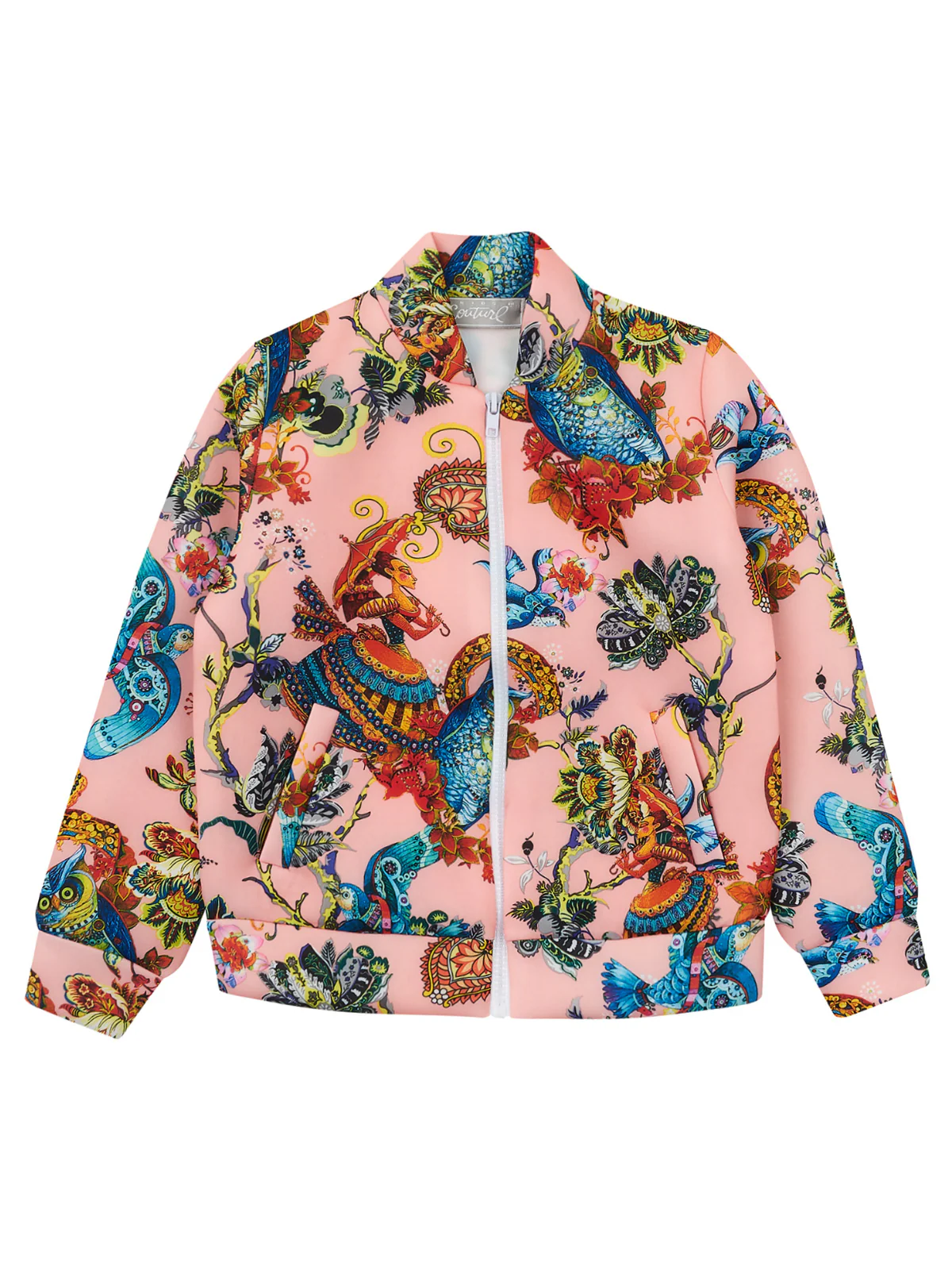 Botanical Owl Coral Neoprene Bomber Jacket by Kids Couture - Image 2