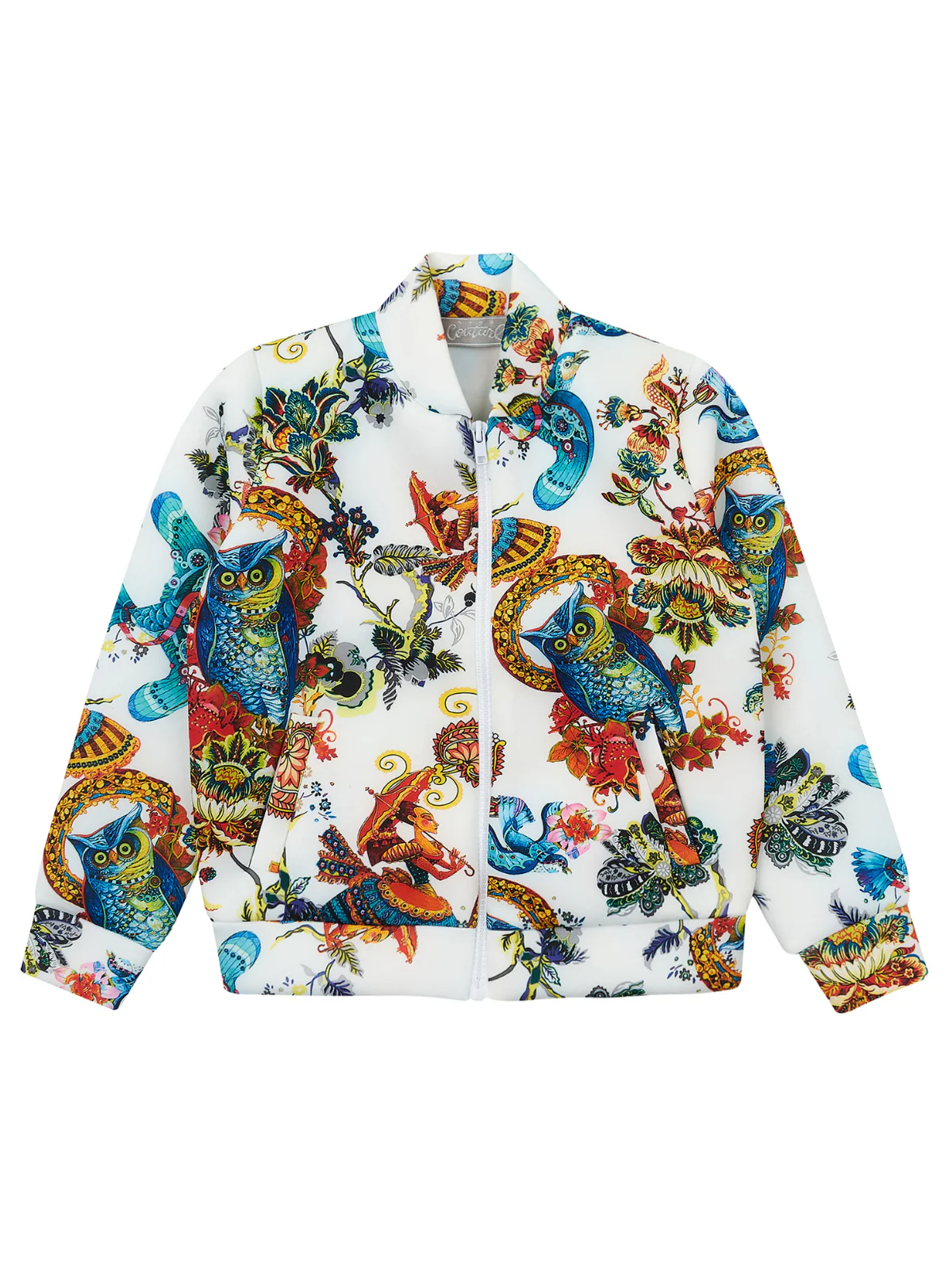 Botanical Owl Ivory Neoprene Bomber Jacket by Kids Couture - Image 2