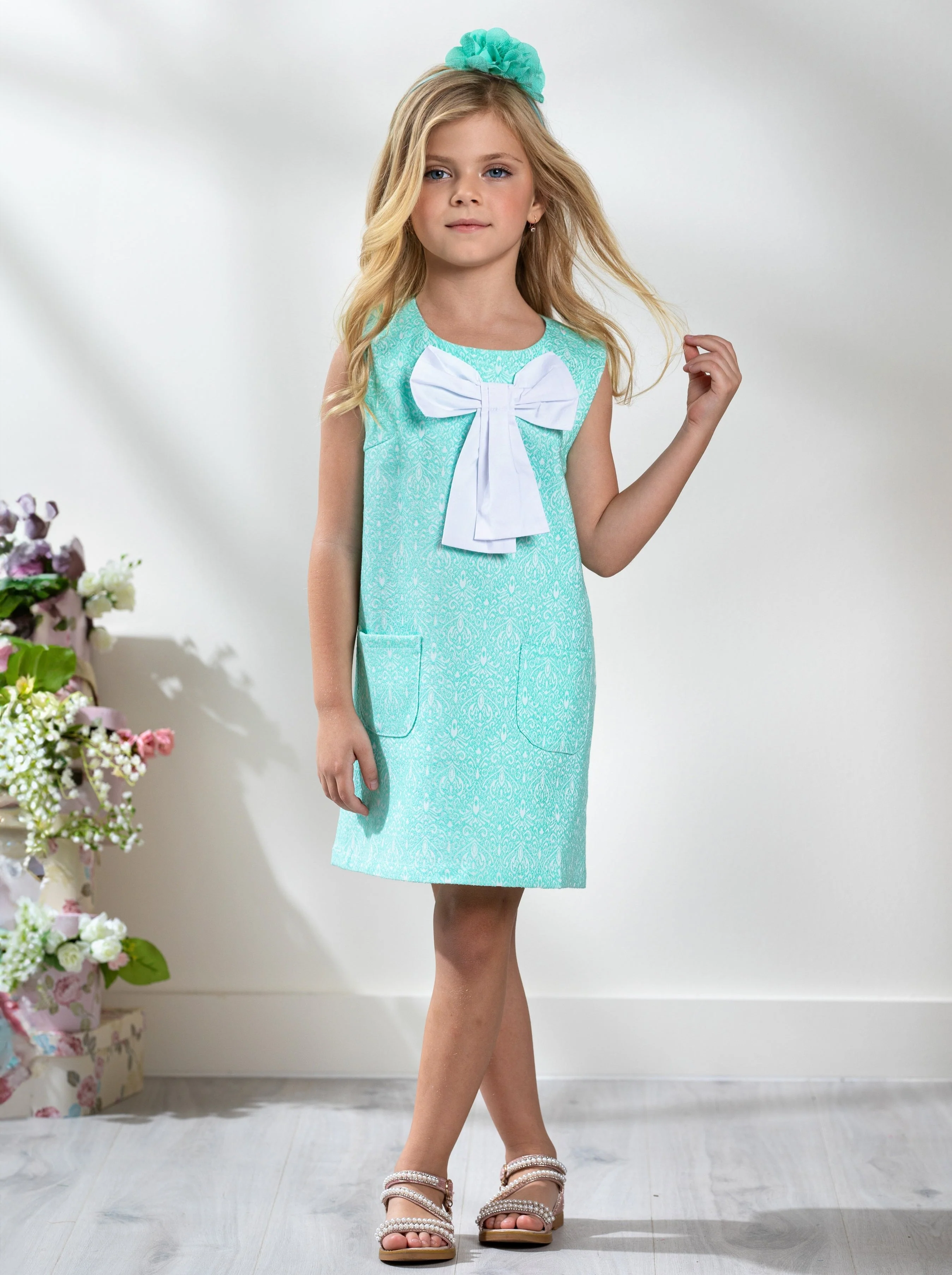 Big Bow Mint Jacquard Dress by Kids Couture - Image 2