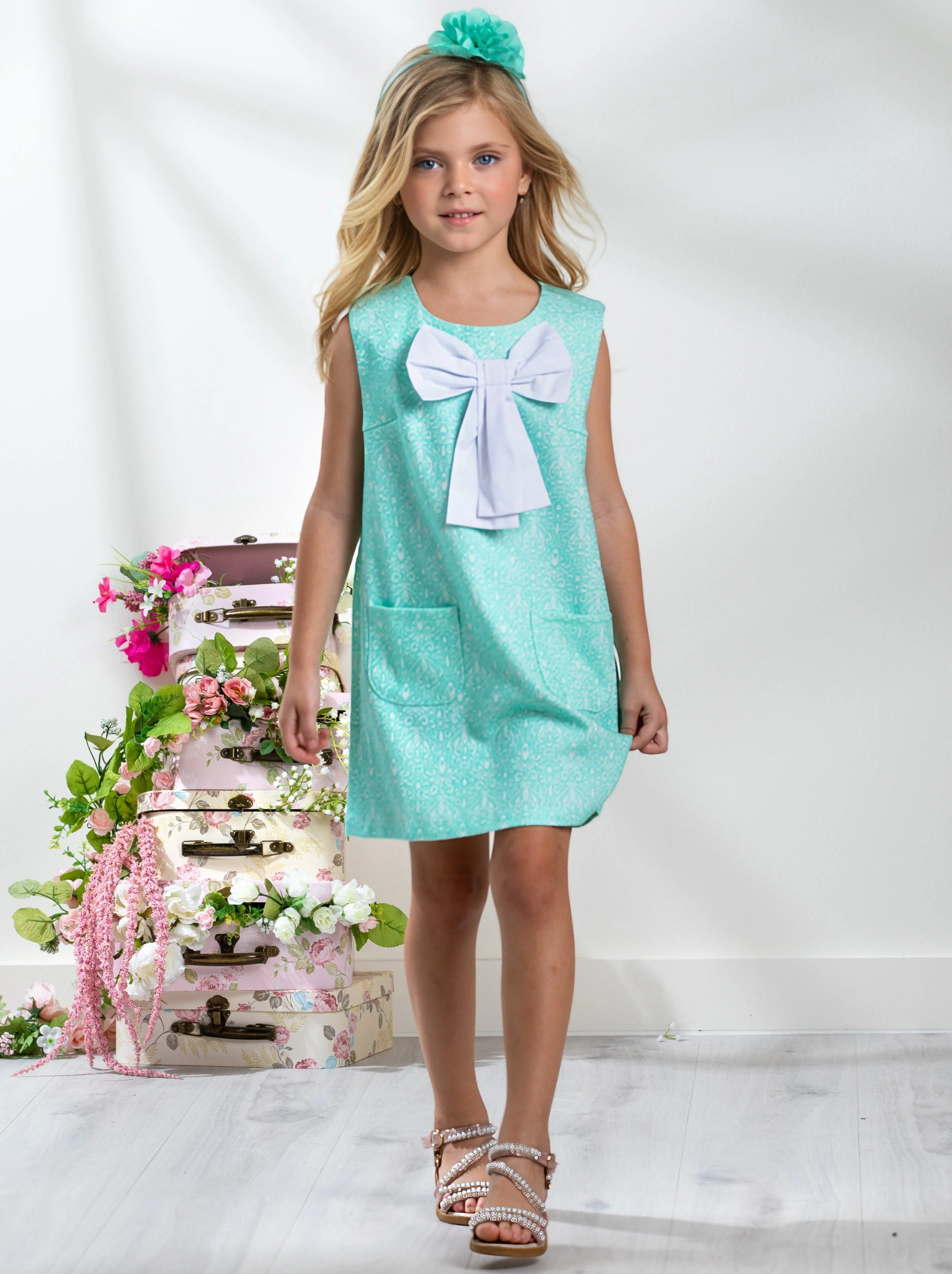 Big Bow Mint Jacquard Dress by Kids Couture - Image 3