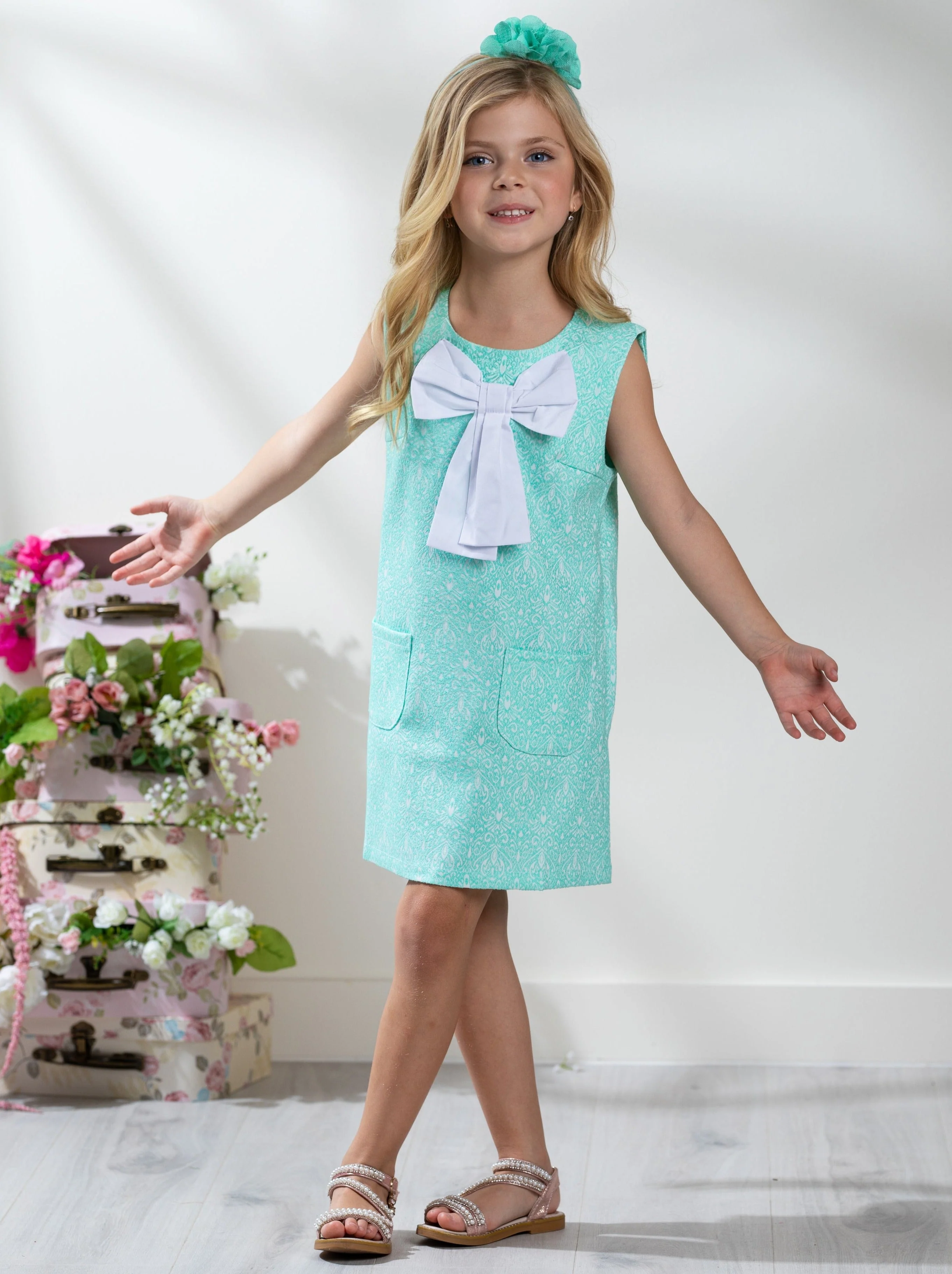 Big Bow Mint Jacquard Dress by Kids Couture - Image 5